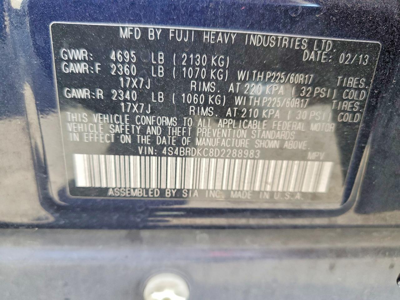 2013 Subaru Outback Blue vin: 4S4BRDKC8D2288983