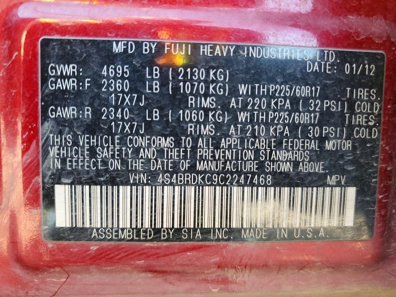 2012 Subaru Outback 3.6r Limited Red vin: 4S4BRDKC9C2247468
