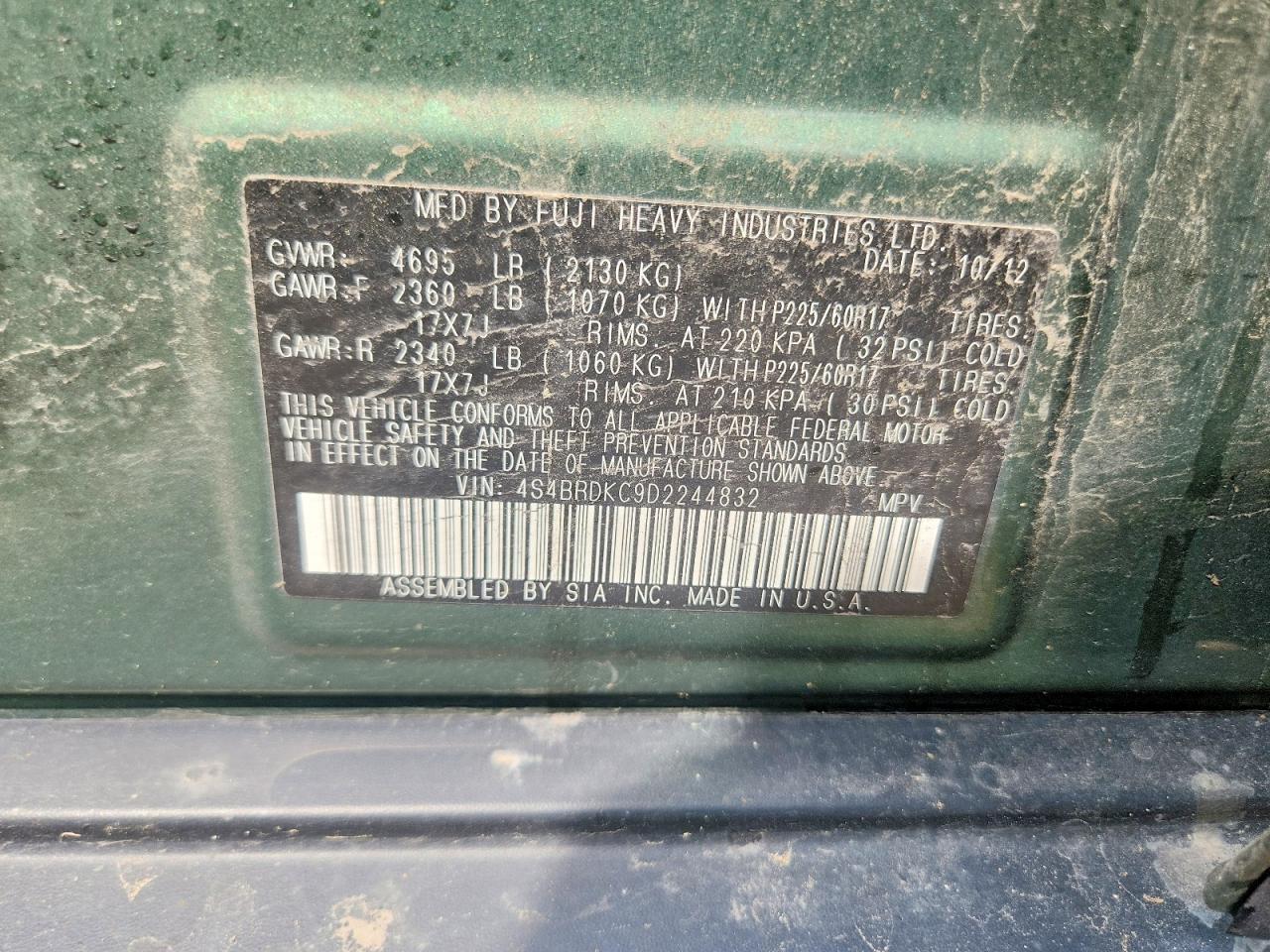 2013 Subaru Outback 3.6r Limited Green vin: 4S4BRDKC9D2244832