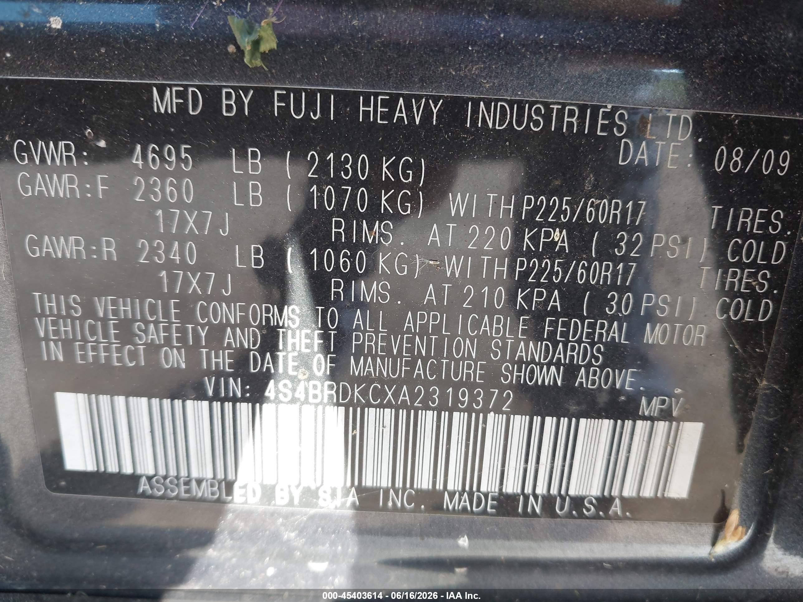 2010 Subaru Outback 3.6r Limited Black vin: 4S4BRDKCXA2319372
