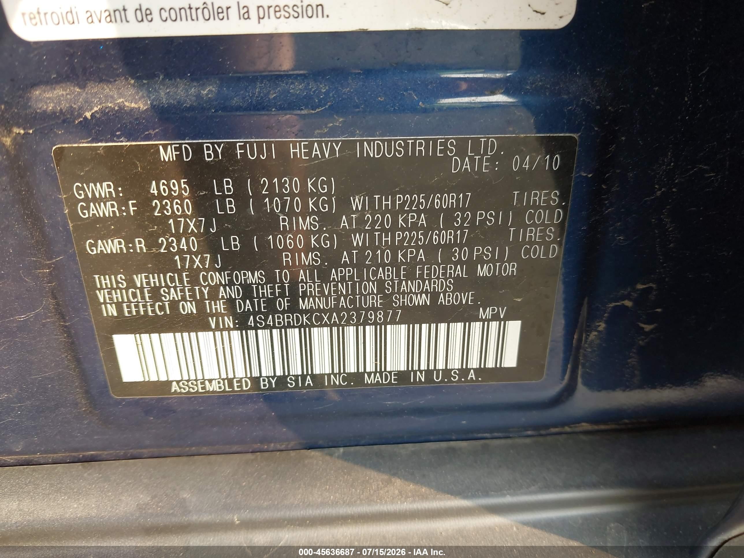 2010 Subaru Outback 3.6r Limited Dark Blue vin: 4S4BRDKCXA2379877