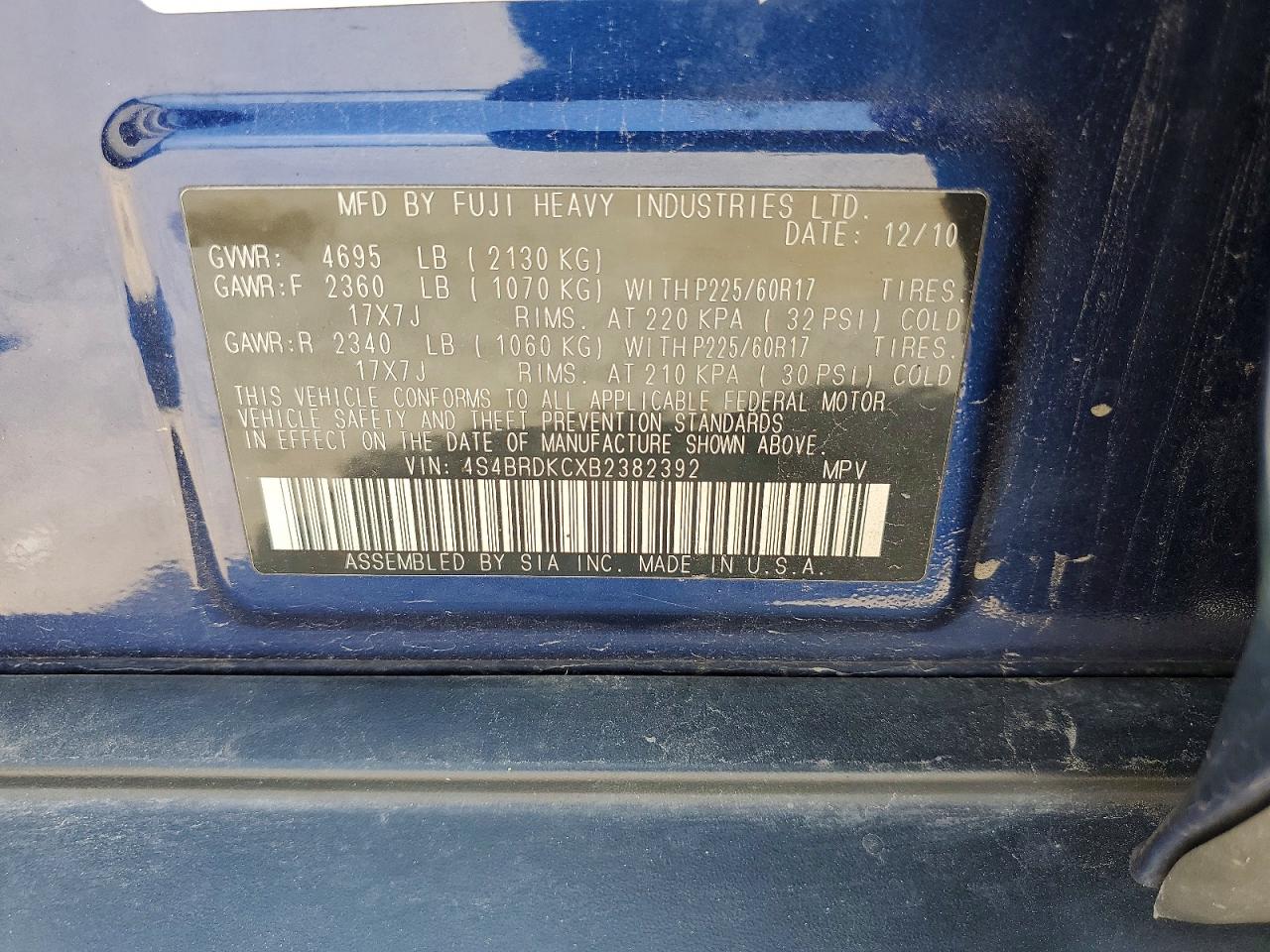 2011 Subaru Outback 3.6r Limited Blue vin: 4S4BRDKCXB2382392