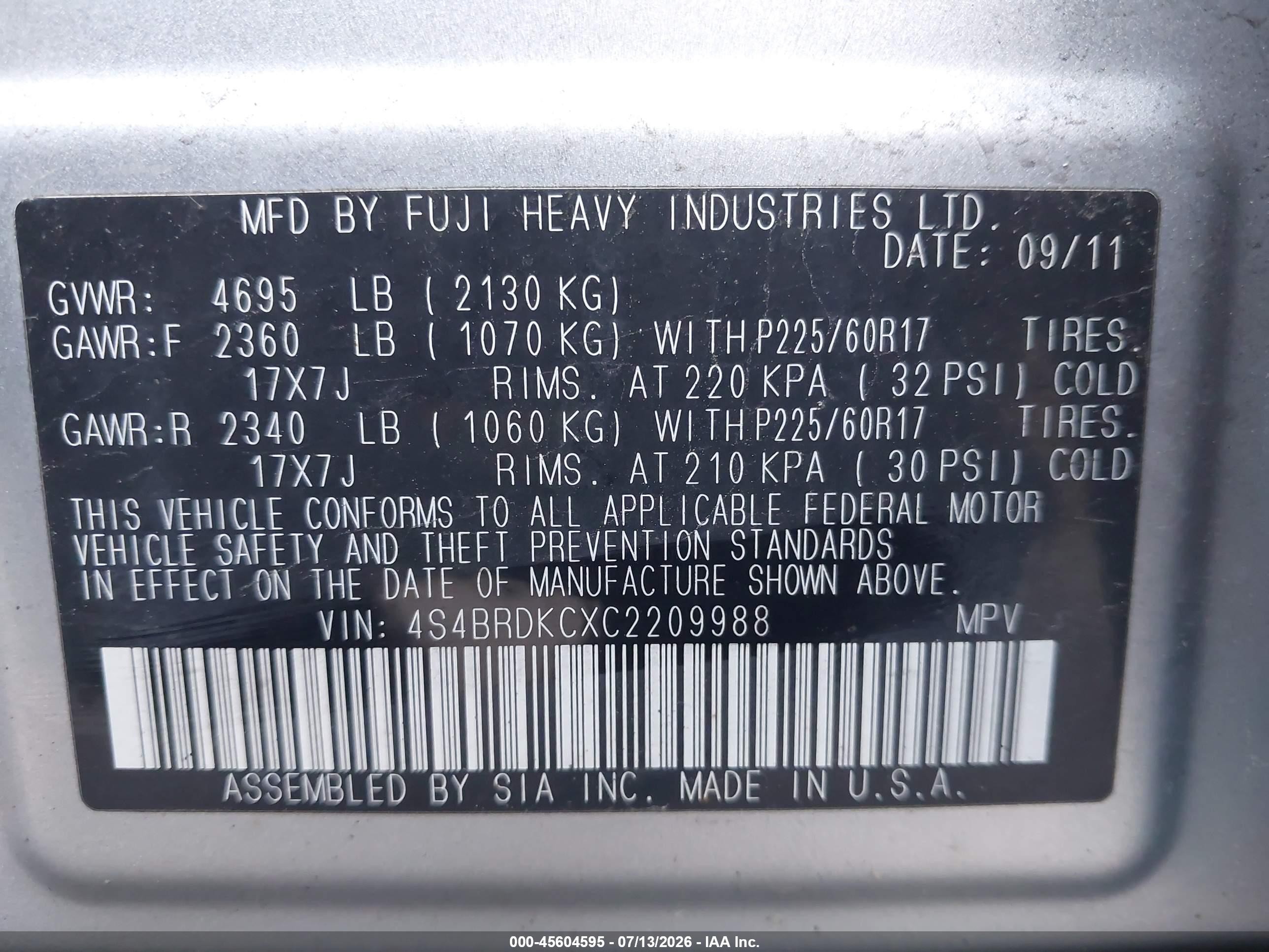 2012 Subaru Outback 3.6r Limited Серебряный vin: 4S4BRDKCXC2209988