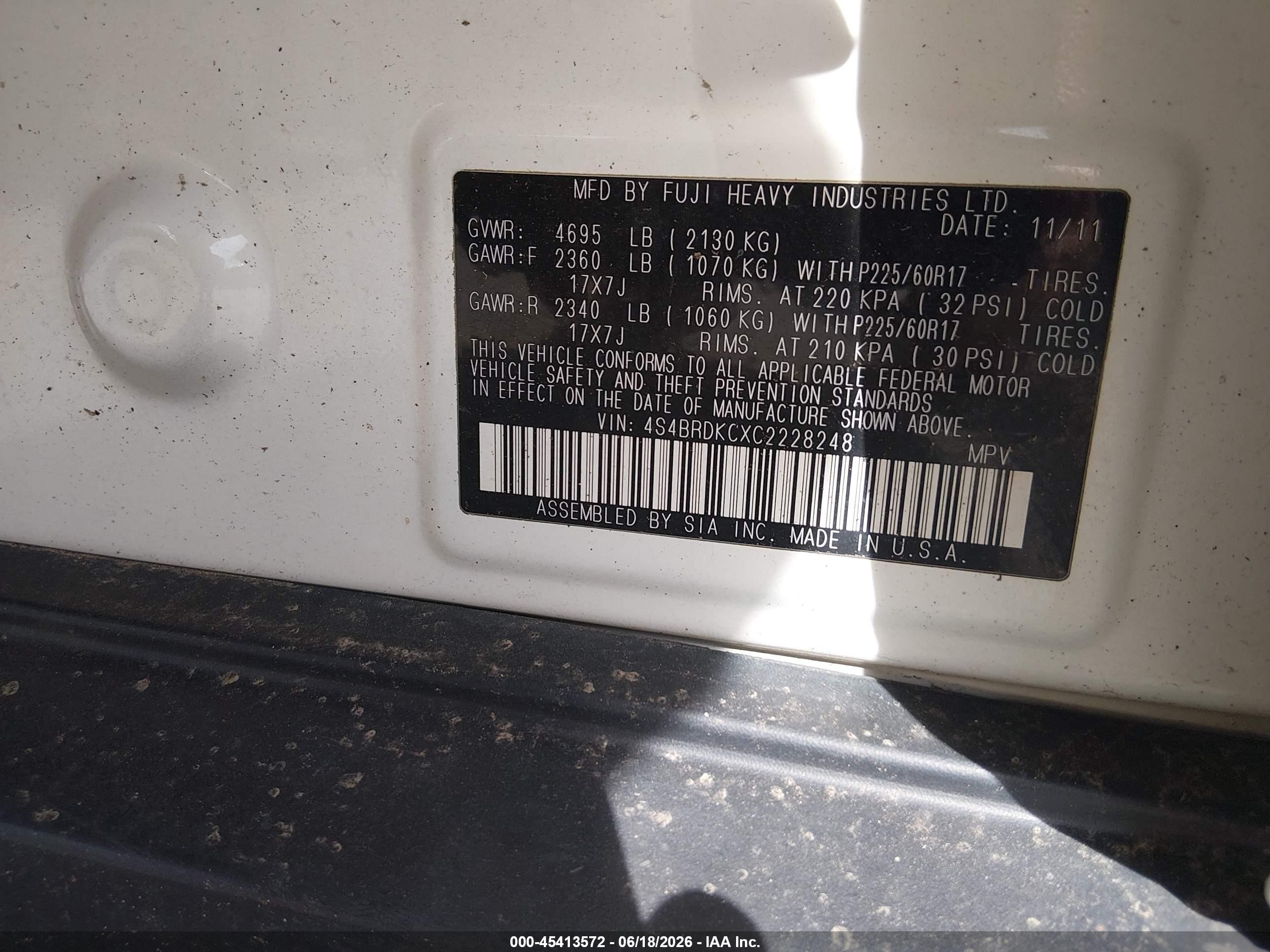 2012 Subaru Outback 3.6r Limited White vin: 4S4BRDKCXC2228248