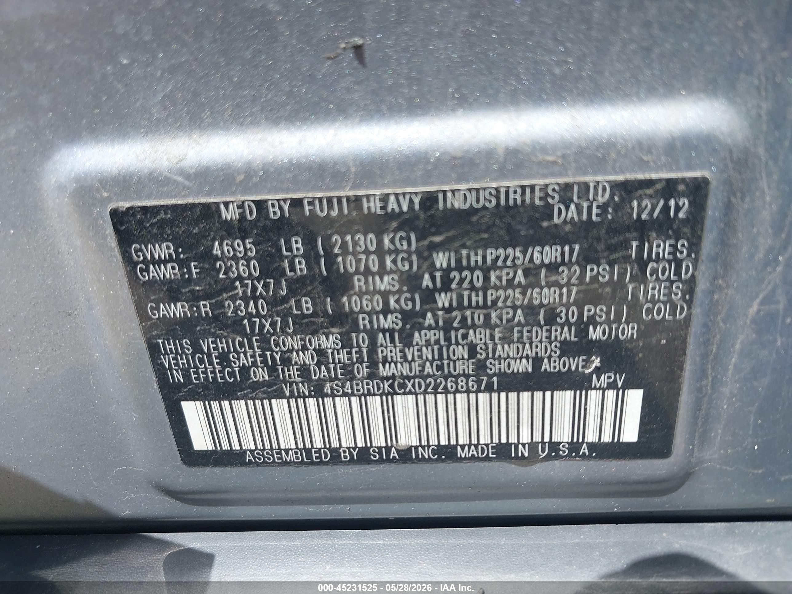 2013 Subaru Outback 3.6r Limited Gray vin: 4S4BRDKCXD2268671