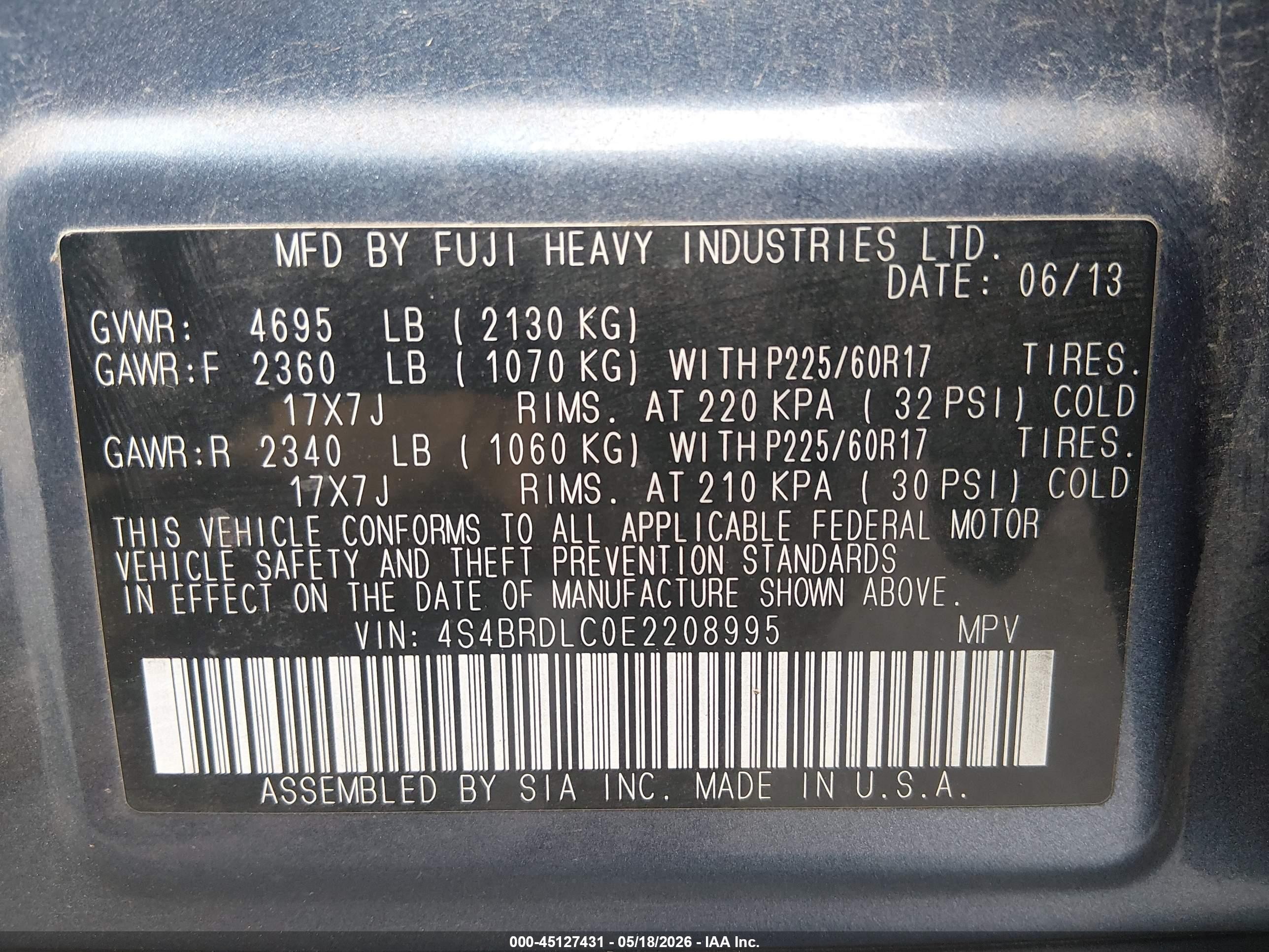 2014 Subaru Outback 3.6r Limited Blue vin: 4S4BRDLC0E2208995