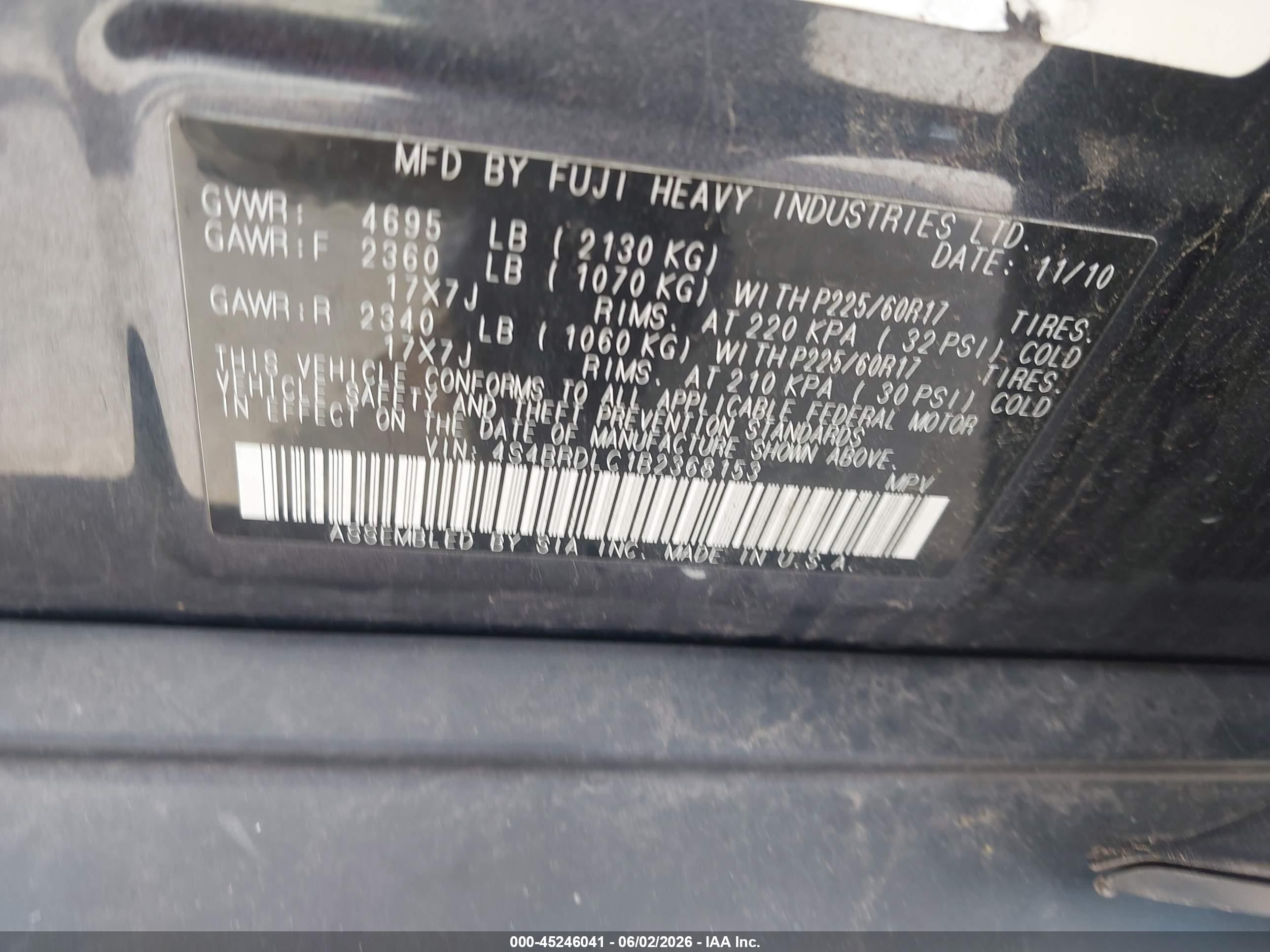 2011 Subaru Outback 3.6r Limited Black vin: 4S4BRDLC1B2368153