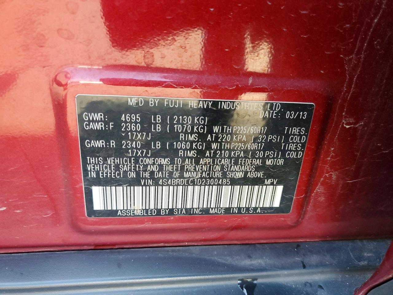 2013 Subaru Outback 3.6r Limited Red vin: 4S4BRDLC1D2300485