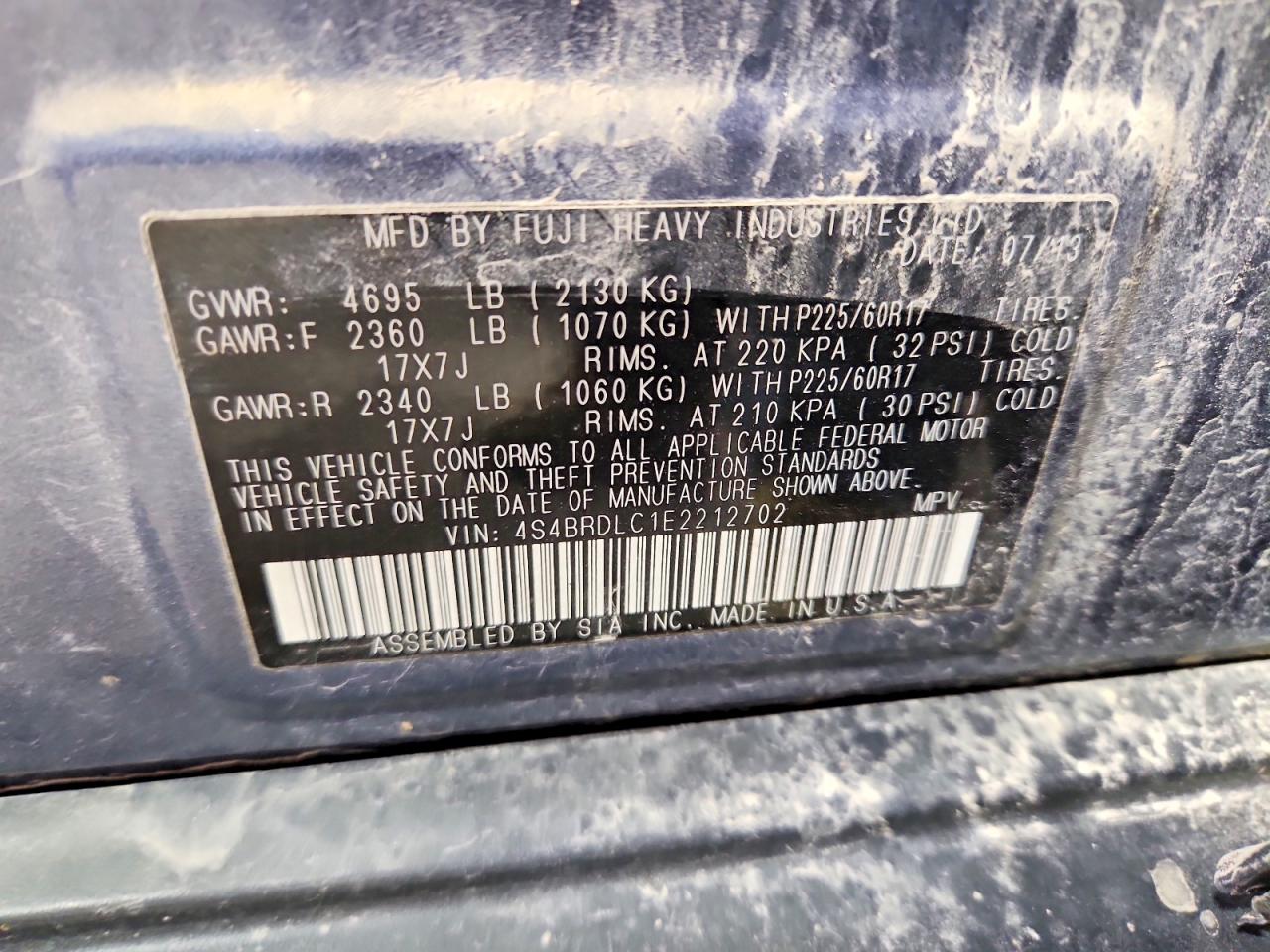 2014 Subaru Outback 3.6r Limited Blue vin: 4S4BRDLC1E2212702