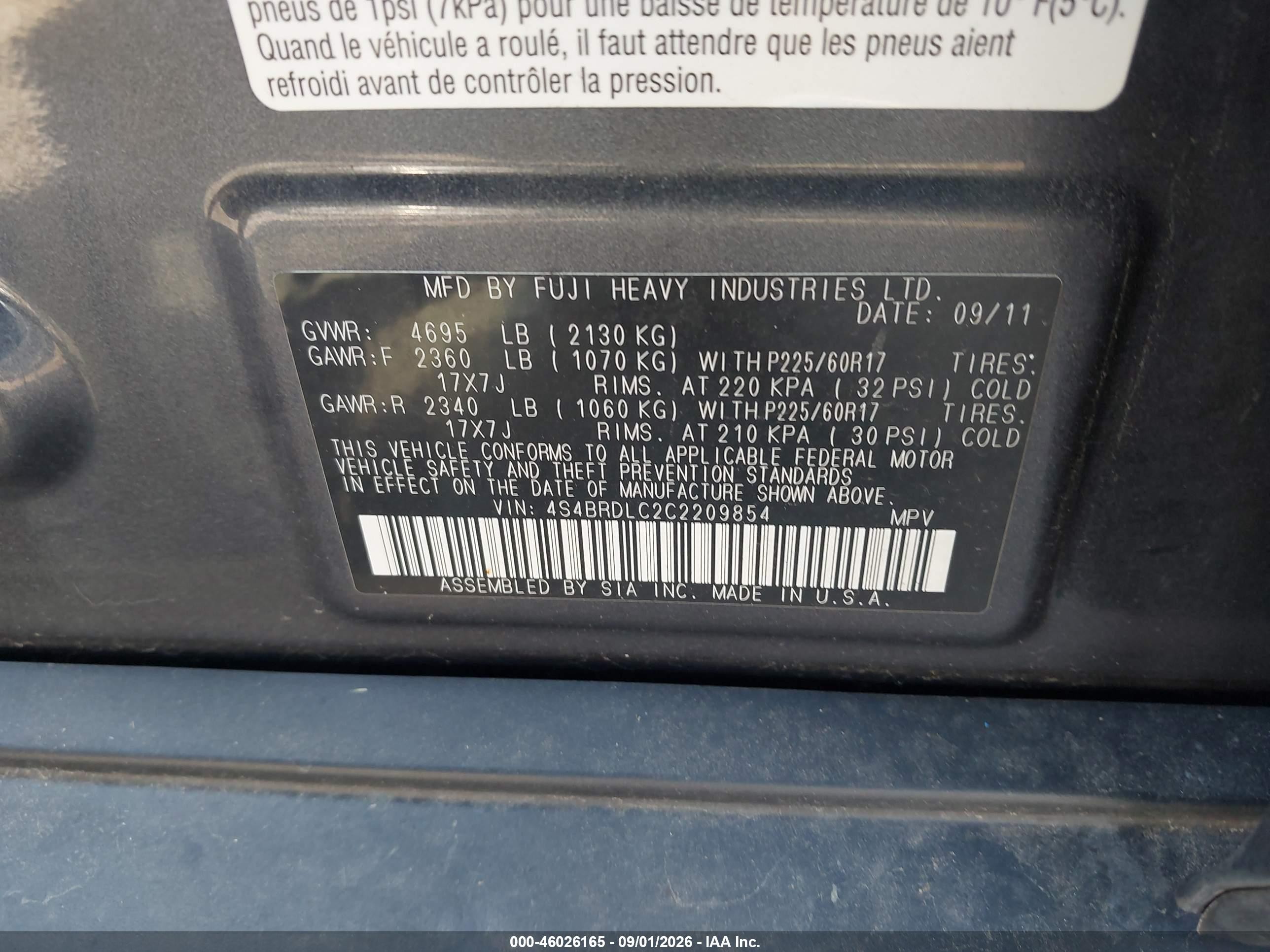 2012 Subaru Outback 3.6r Limited Navy vin: 4S4BRDLC2C2209854
