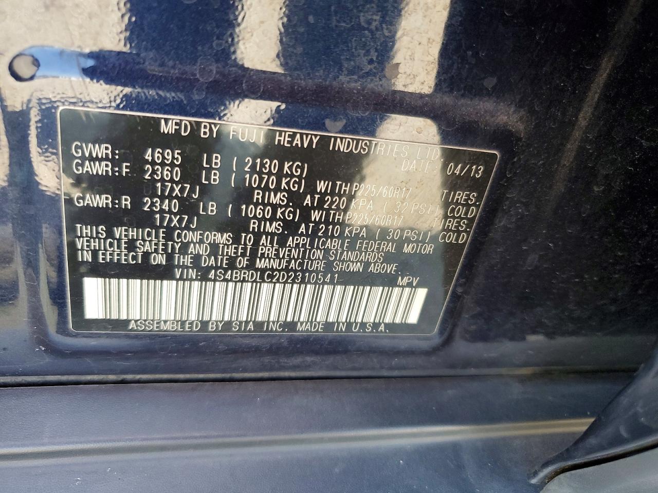 2013 Subaru Outback 3.6r Limited Синий vin: 4S4BRDLC2D2310541
