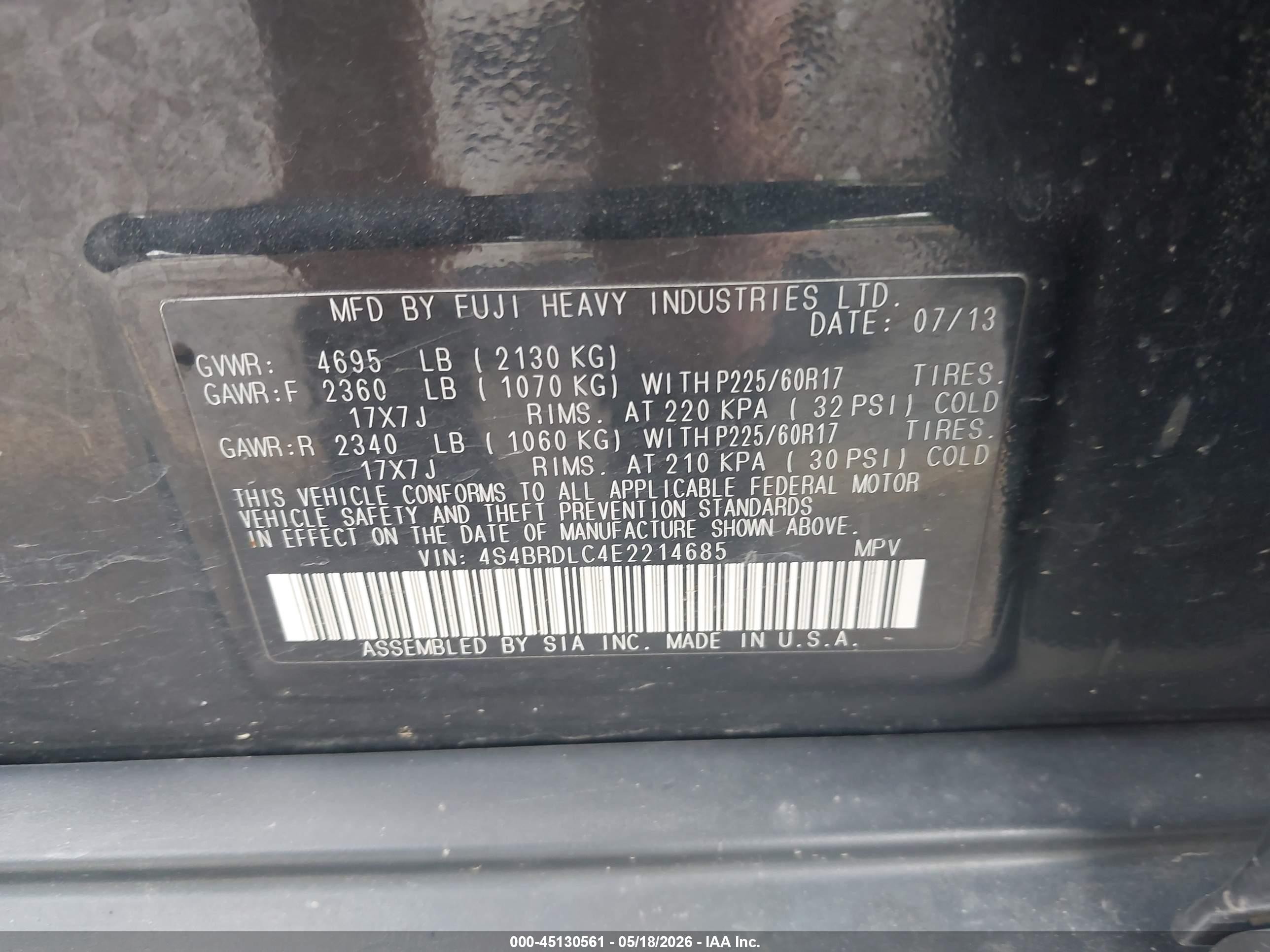 2014 Subaru Outback 3.6r Limited Черный vin: 4S4BRDLC4E2214685