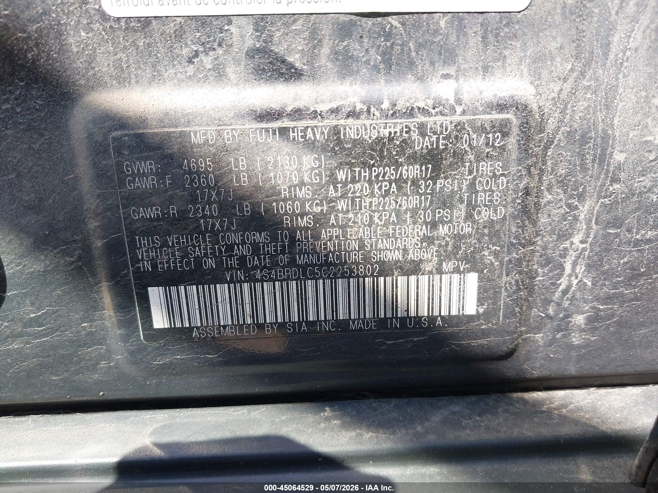 2012 Subaru Outback 3.6r Limited Dark Blue vin: 4S4BRDLC5C2253802