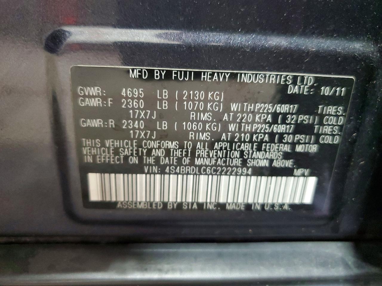 2012 Subaru Outback 3.6r Limited Charcoal vin: 4S4BRDLC6C2222994