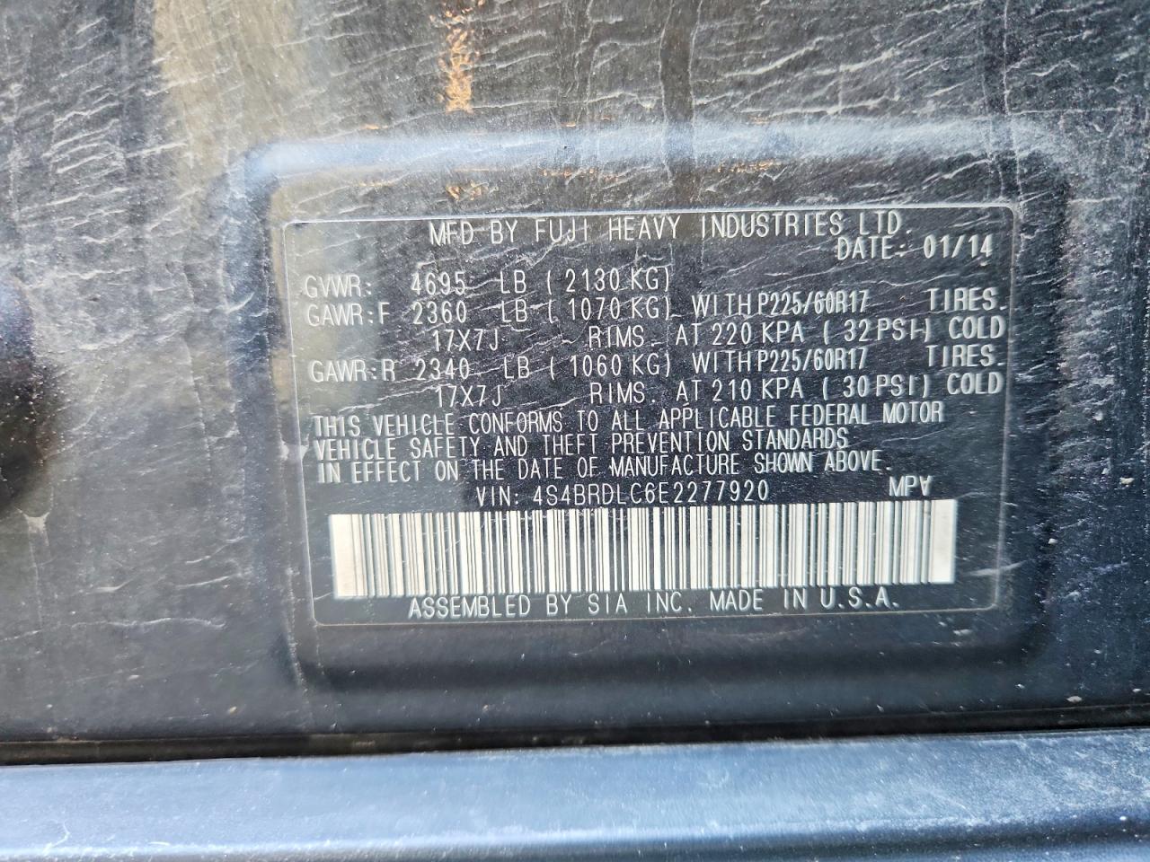 2014 Subaru Outback 3.6r Limited Black vin: 4S4BRDLC6E2277920