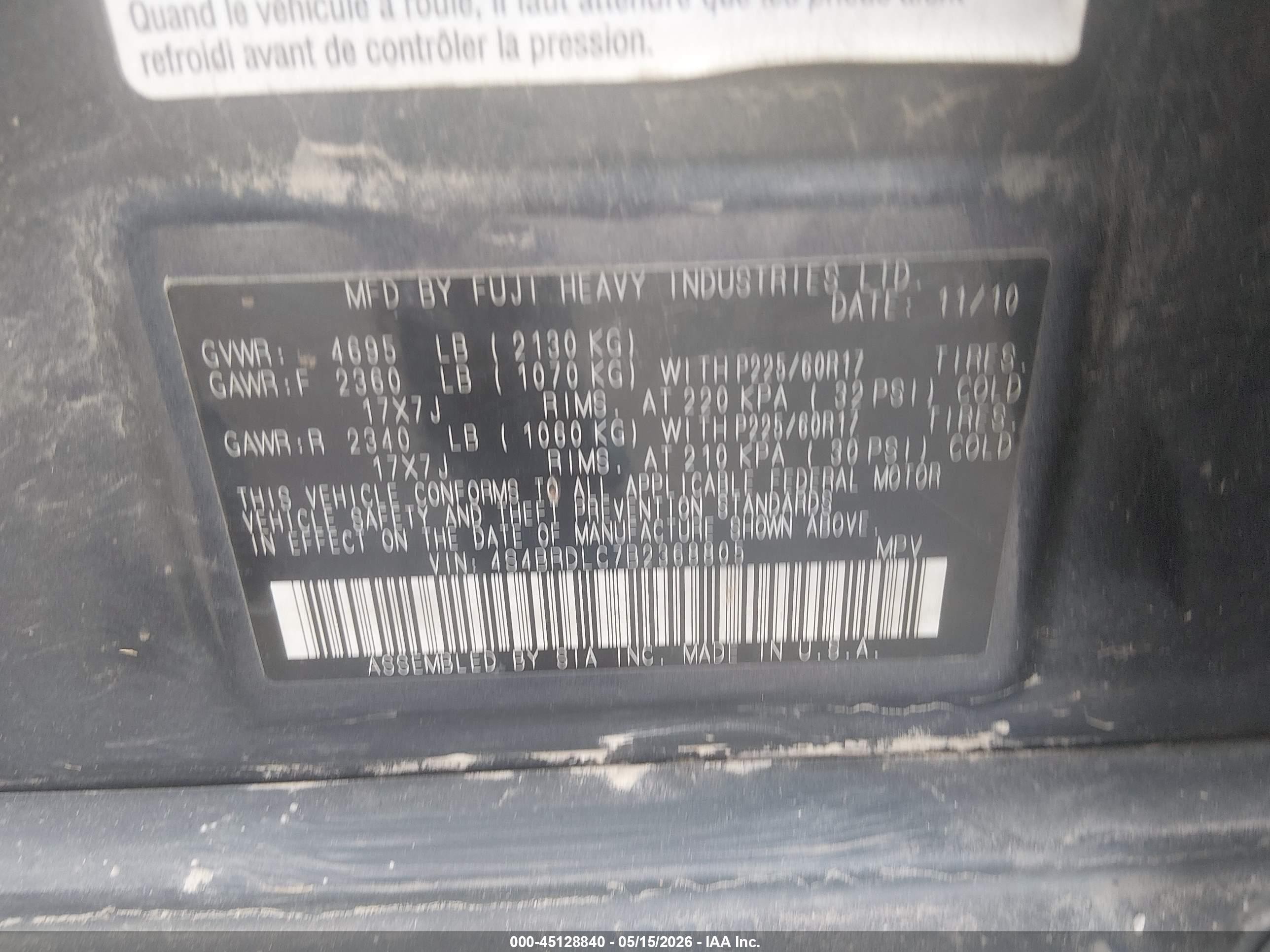 2011 Subaru Outback 3.6r Limited Black vin: 4S4BRDLC7B2368805