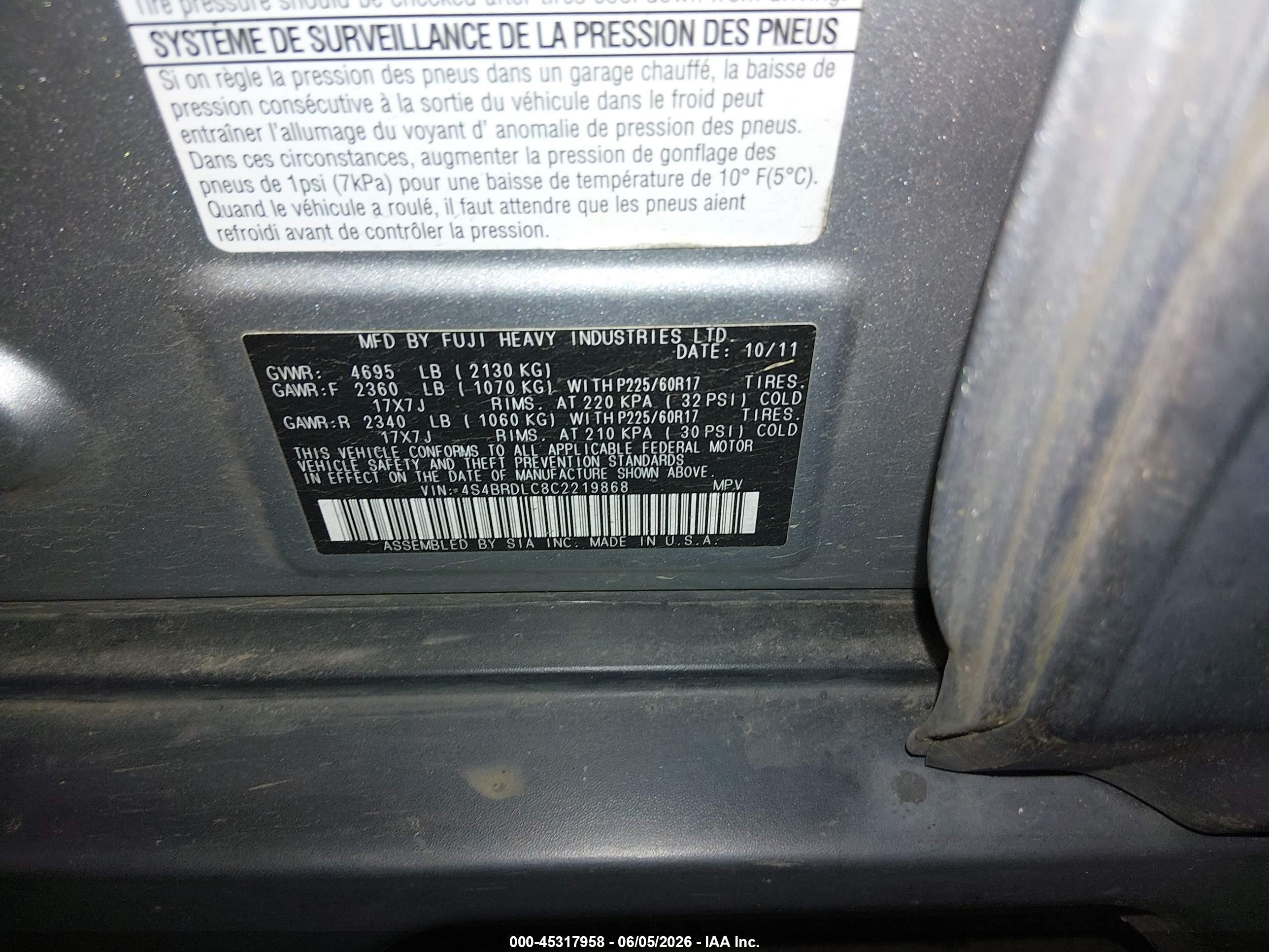 2012 Subaru Outback 3.6r Limited Silver vin: 4S4BRDLC8C2219868