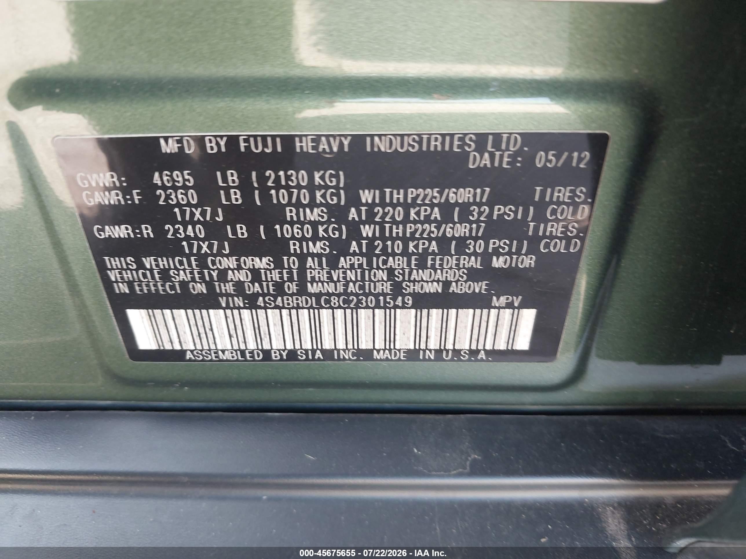 2012 Subaru Outback 3.6r Limited Green vin: 4S4BRDLC8C2301549