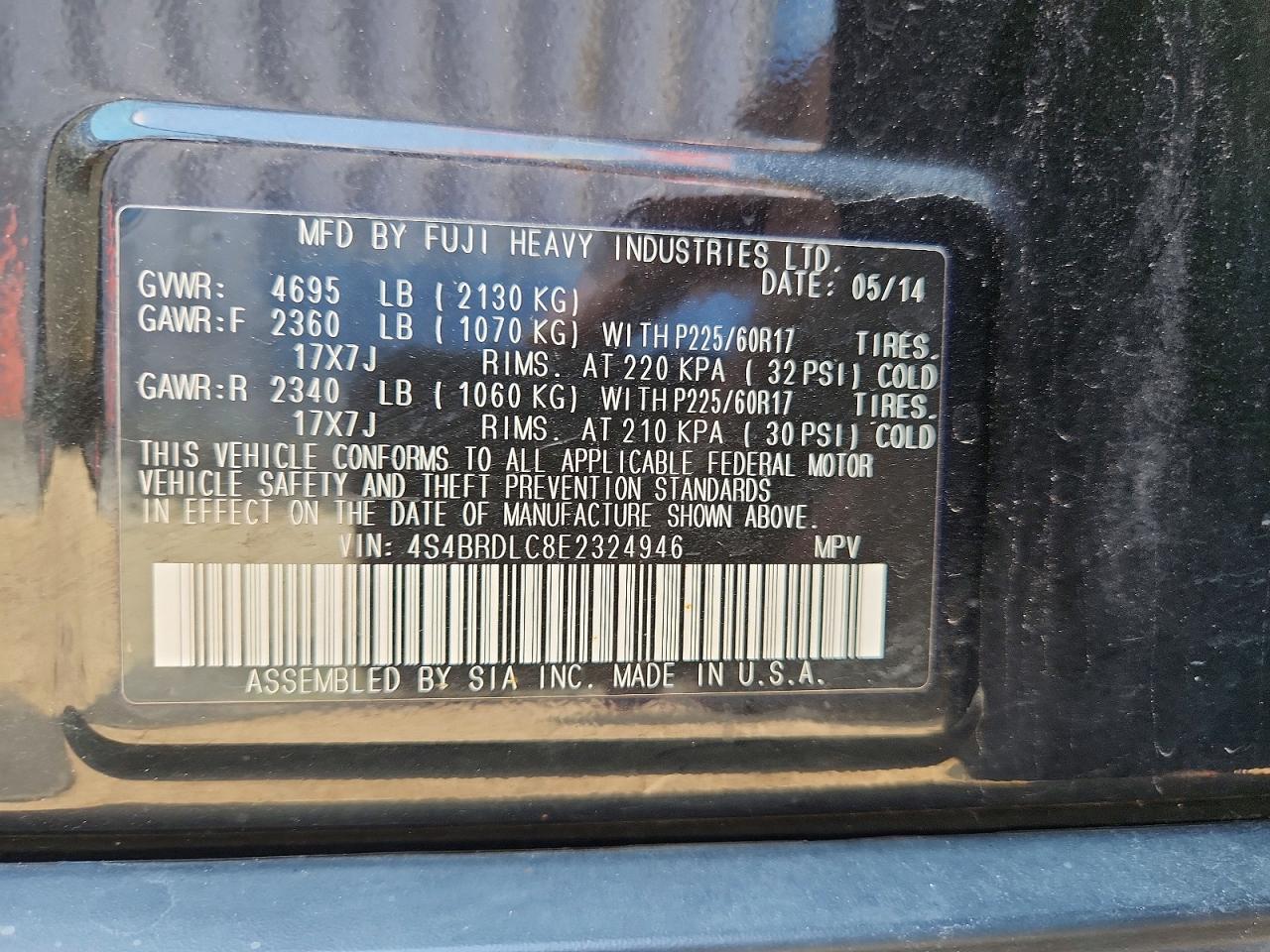 2014 Subaru Outback 3.6r Limited Black vin: 4S4BRDLC8E2324946