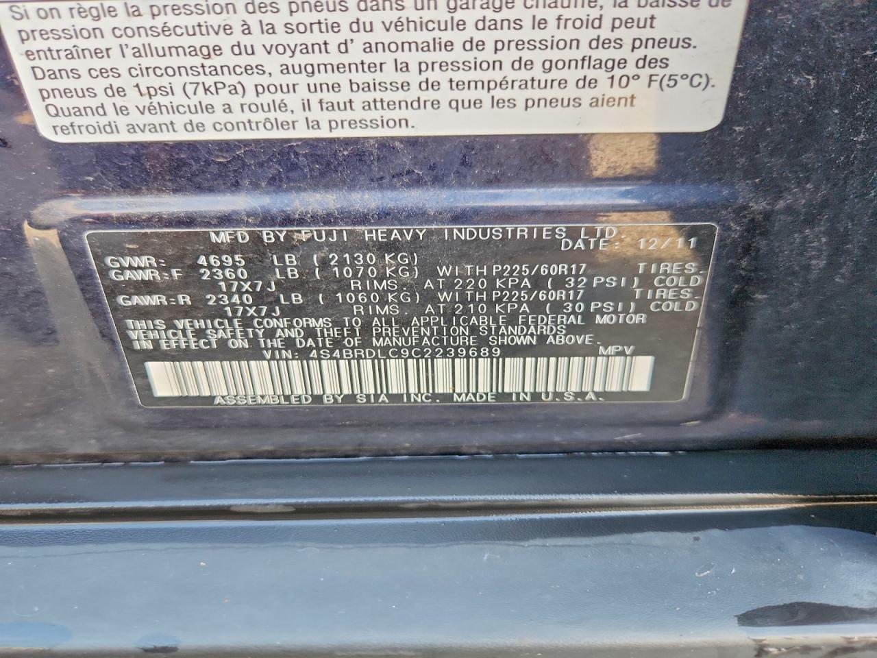 2012 Subaru Outback 3.6r Limited Blue vin: 4S4BRDLC9C2239689