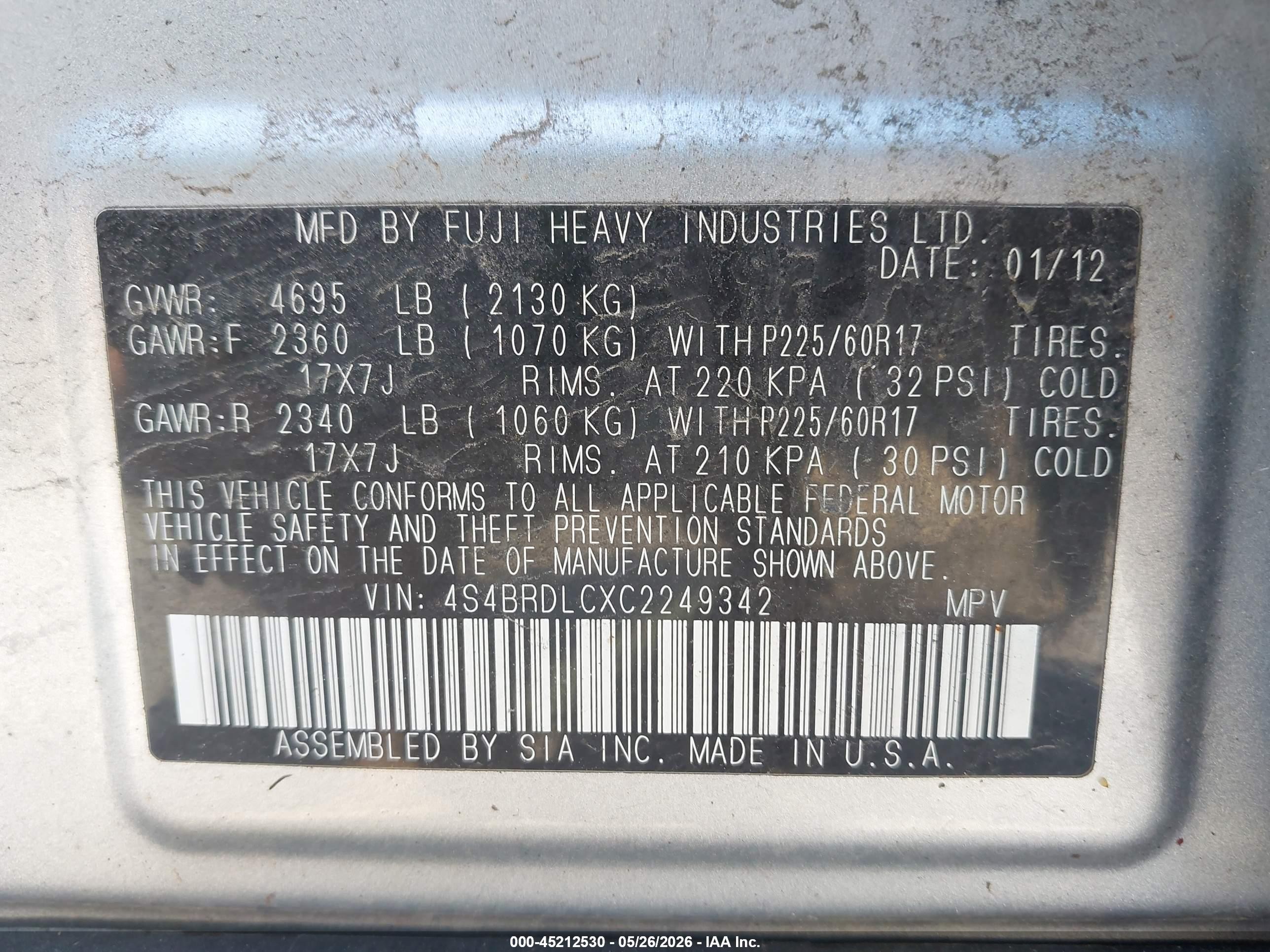 2012 Subaru Outback 3.6r Limited Silver vin: 4S4BRDLCXC2249342