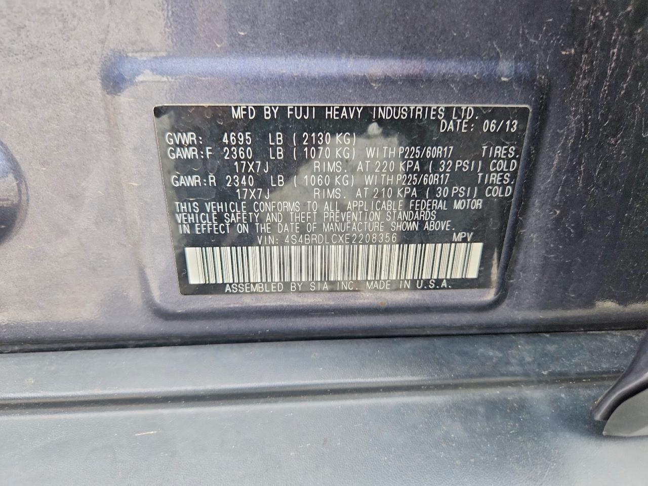 2014 Subaru Outback 3.6r Limited Blue vin: 4S4BRDLCXE2208356
