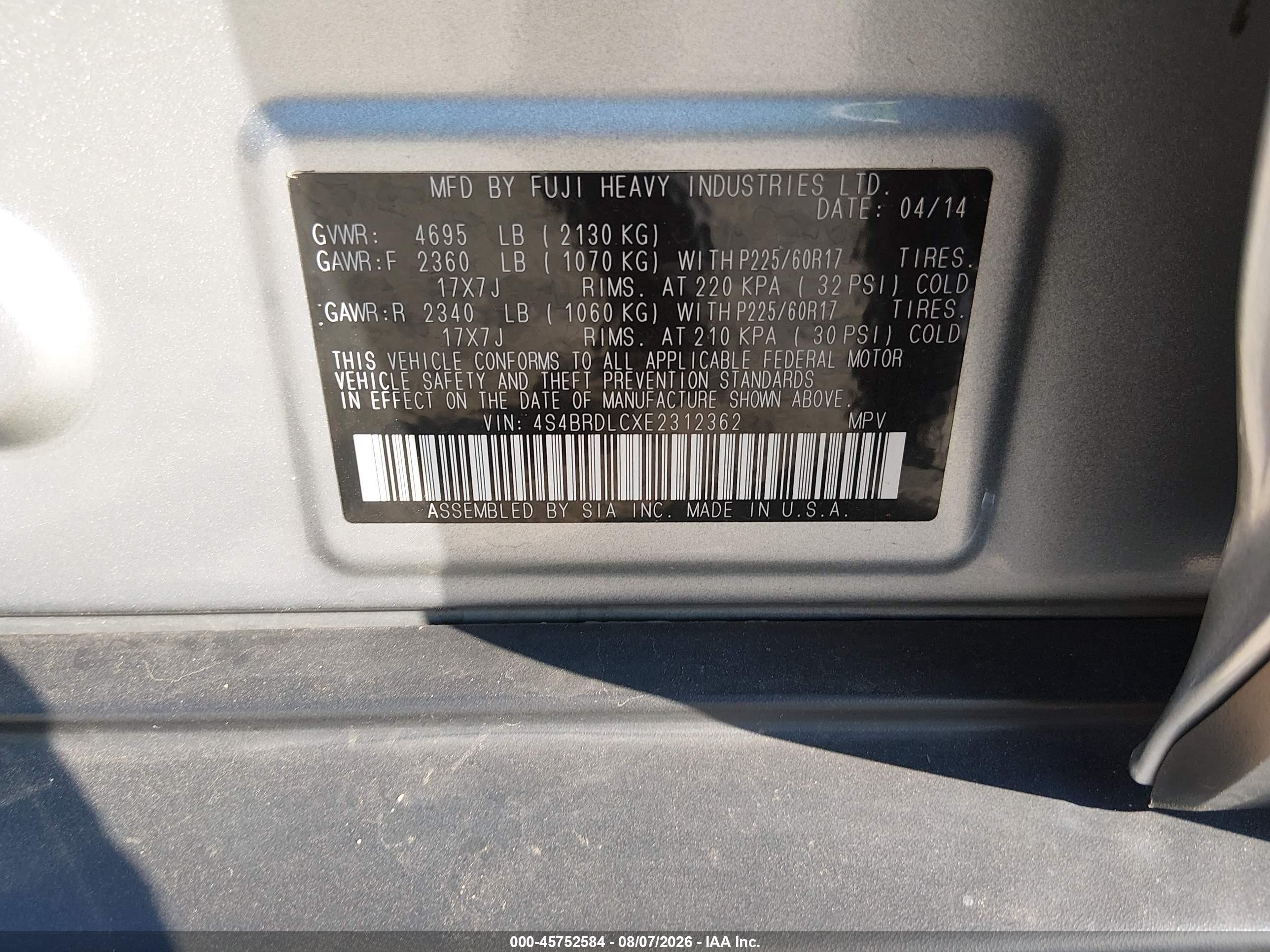 2014 Subaru Outback 3.6r Limited Silver vin: 4S4BRDLCXE2312362
