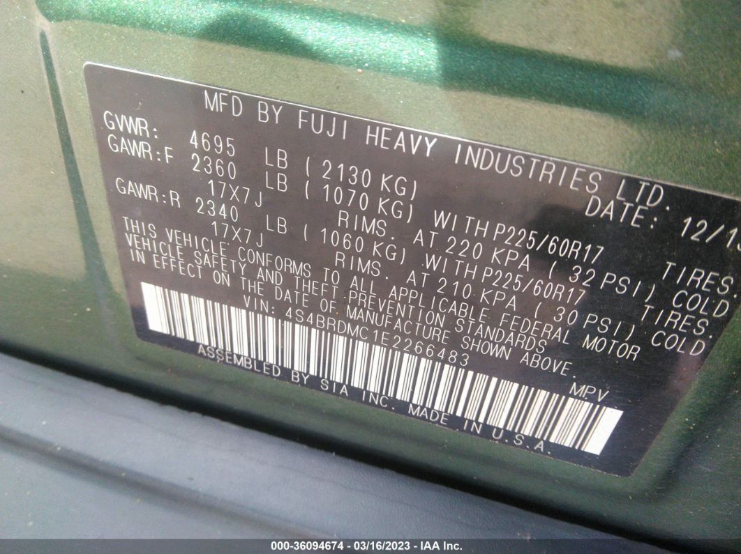 2014 Subaru Outback 3.6r Limited Green vin: 4S4BRDMC1E2266483