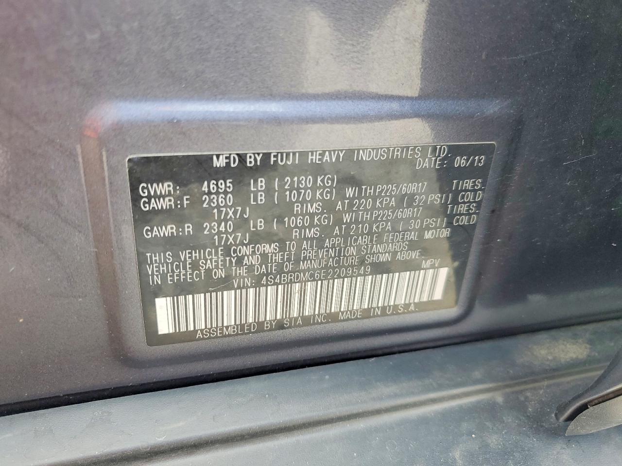 2014 Subaru Outback 3.6r Limited Blue vin: 4S4BRDMC6E2209549