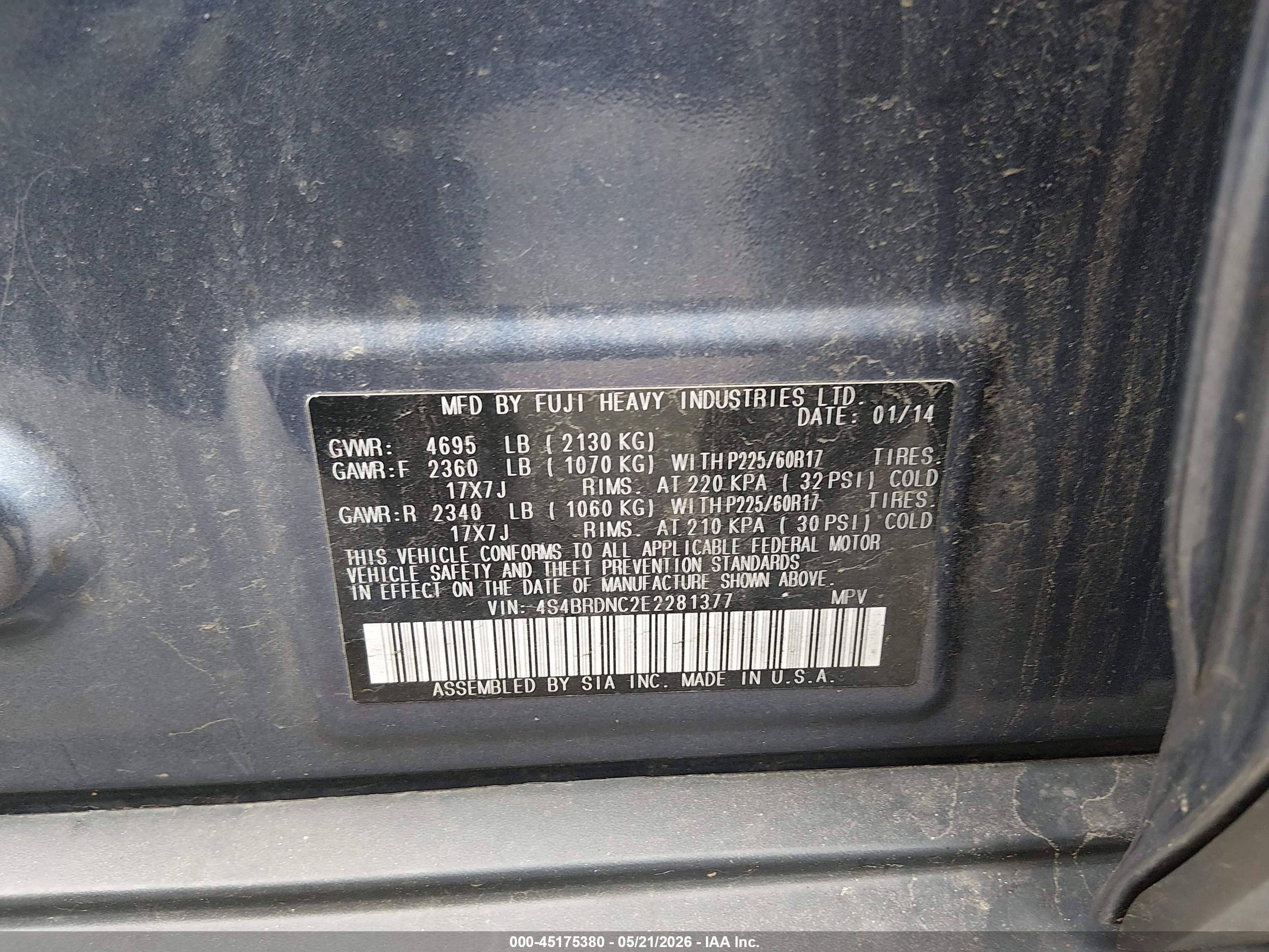 2014 Subaru Outback 3.6r Limited Синий vin: 4S4BRDNC2E2281377