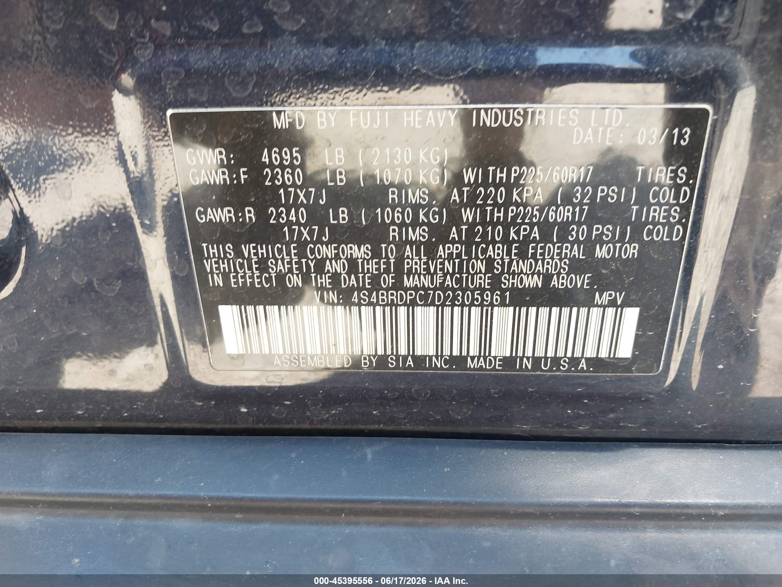 2013 Subaru Outback 3.6r Limited Blue vin: 4S4BRDPC7D2305961