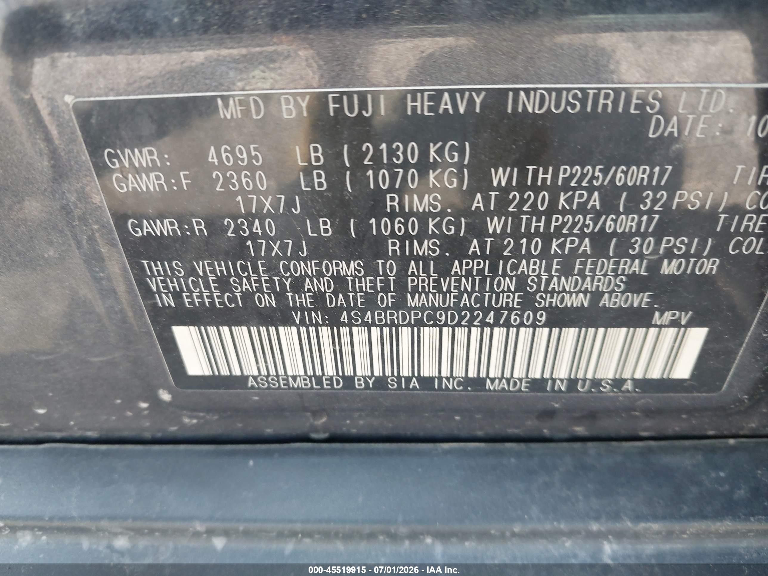 2013 Subaru Outback 3.6r Limited Синий vin: 4S4BRDPC9D2247609