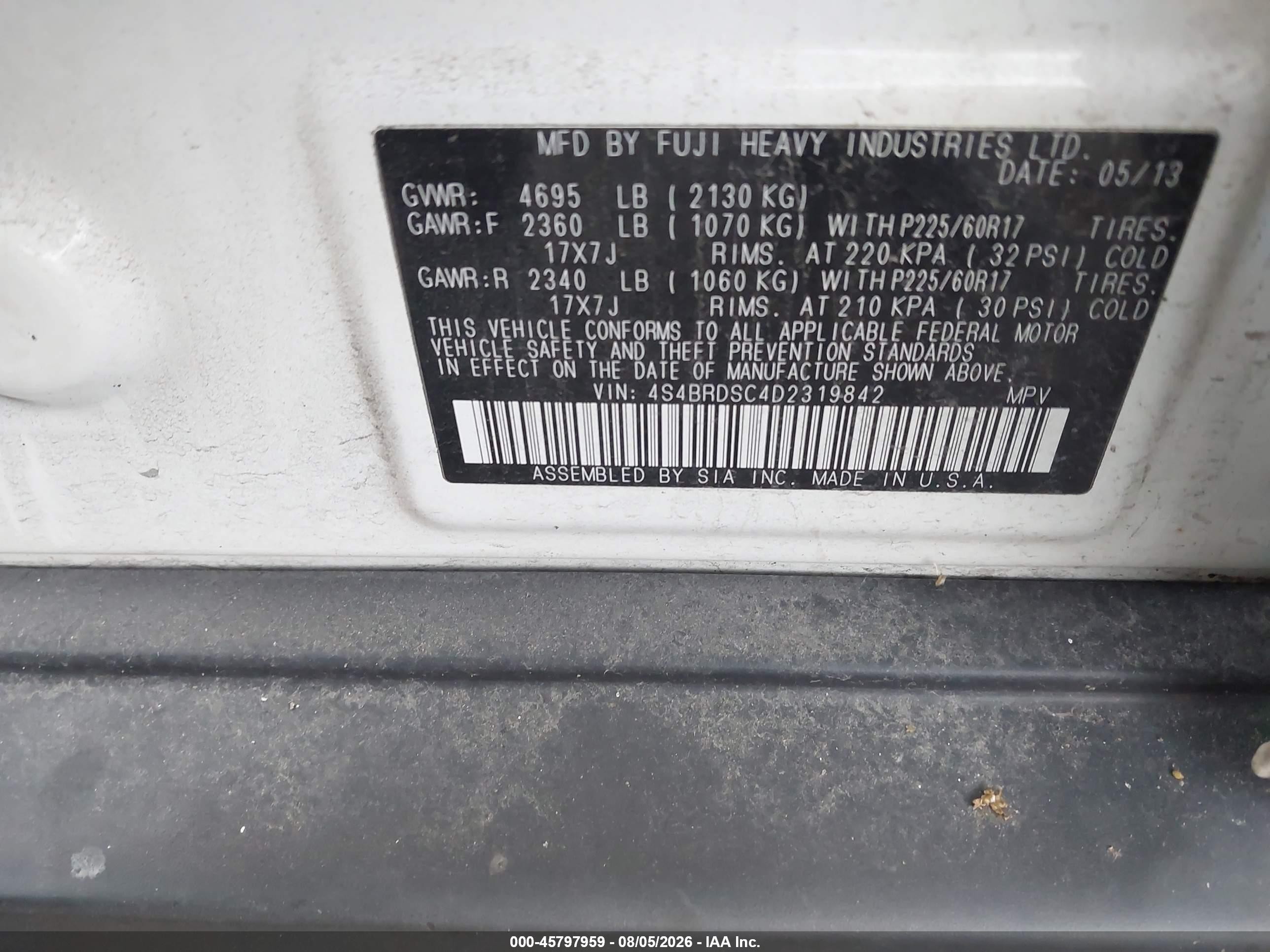 2013 Subaru Outback 3.6r Limited Белый vin: 4S4BRDSC4D2319842