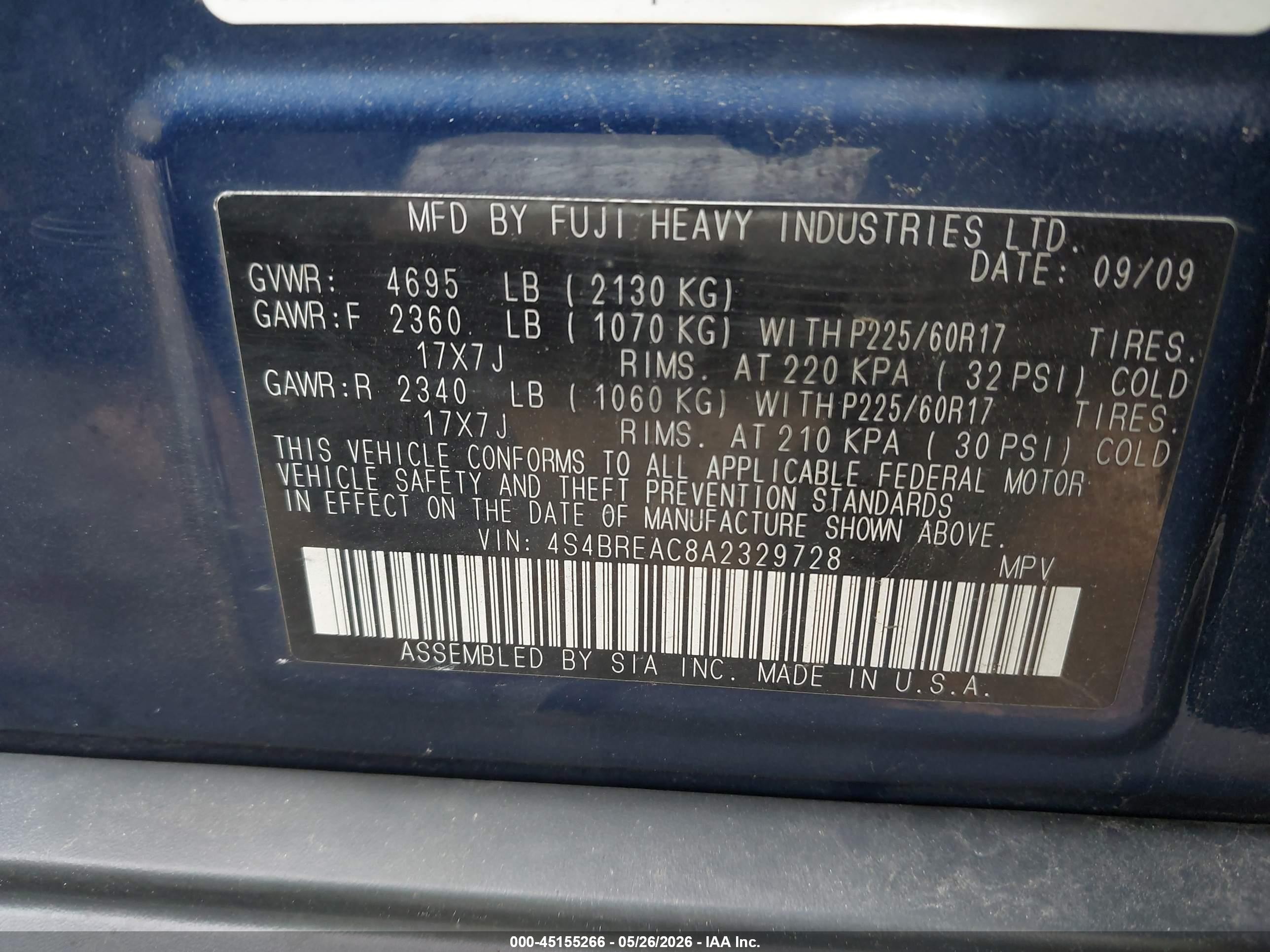 2010 Subaru Outback 3.6r Blue vin: 4S4BREAC8A2329728