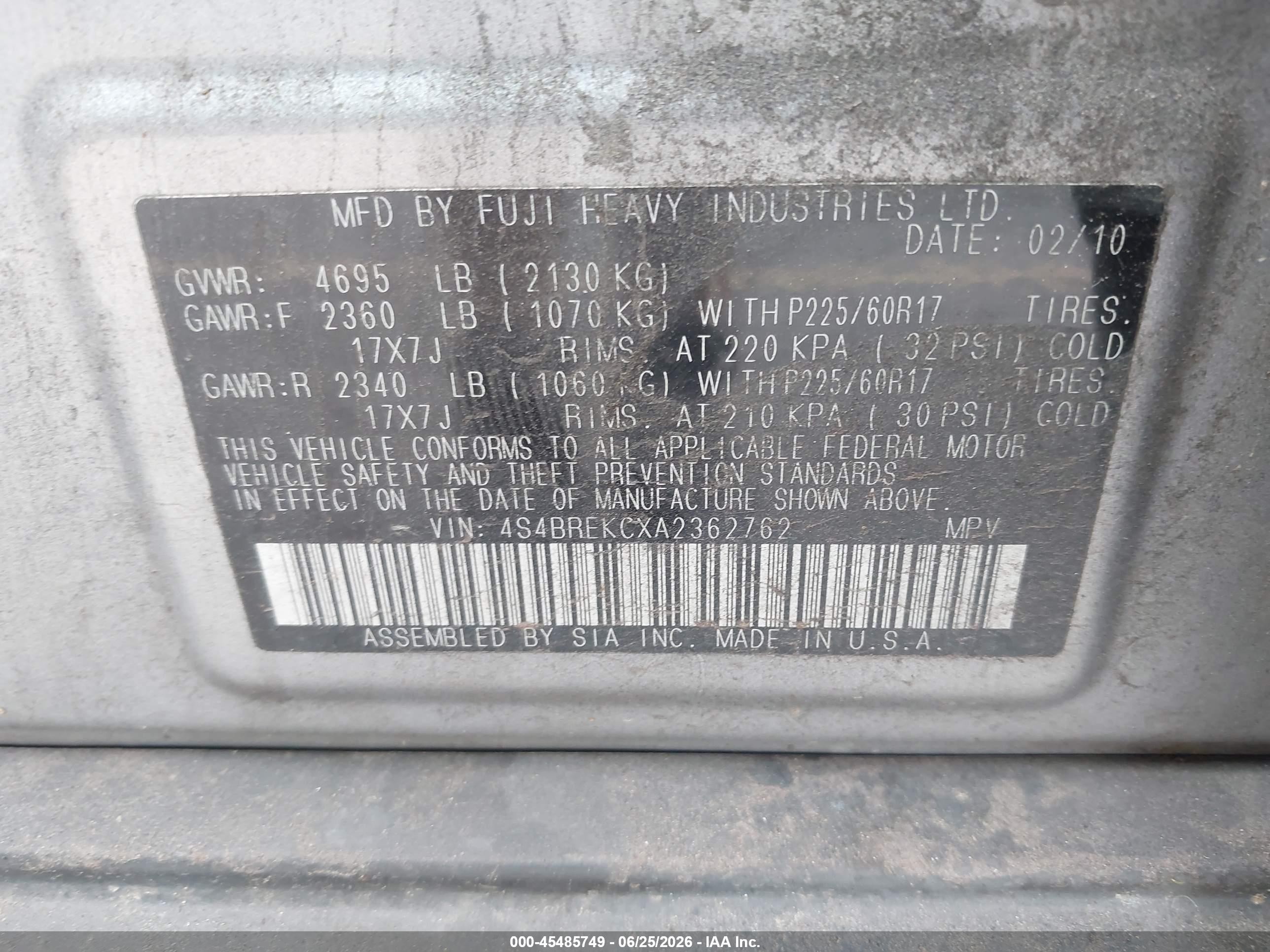 2010 Subaru Outback 3.6r Limited Silver vin: 4S4BREKCXA2362762