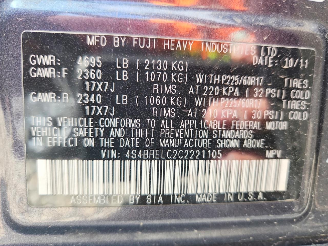 2012 Subaru Outback 3.6r Limited Charcoal vin: 4S4BRELC2C2221105
