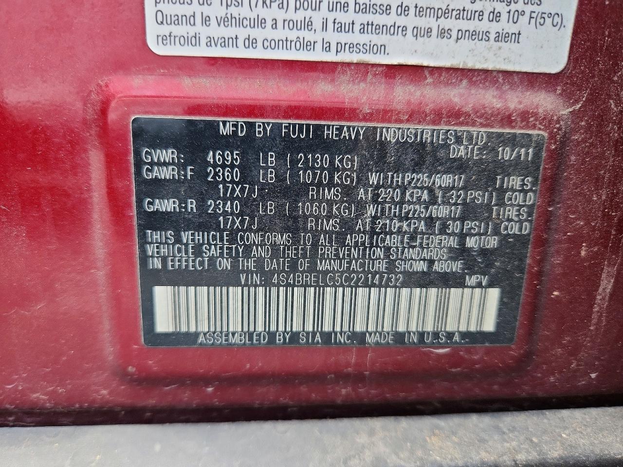 2012 Subaru Outback 3.6r Limited Maroon vin: 4S4BRELC5C2214732