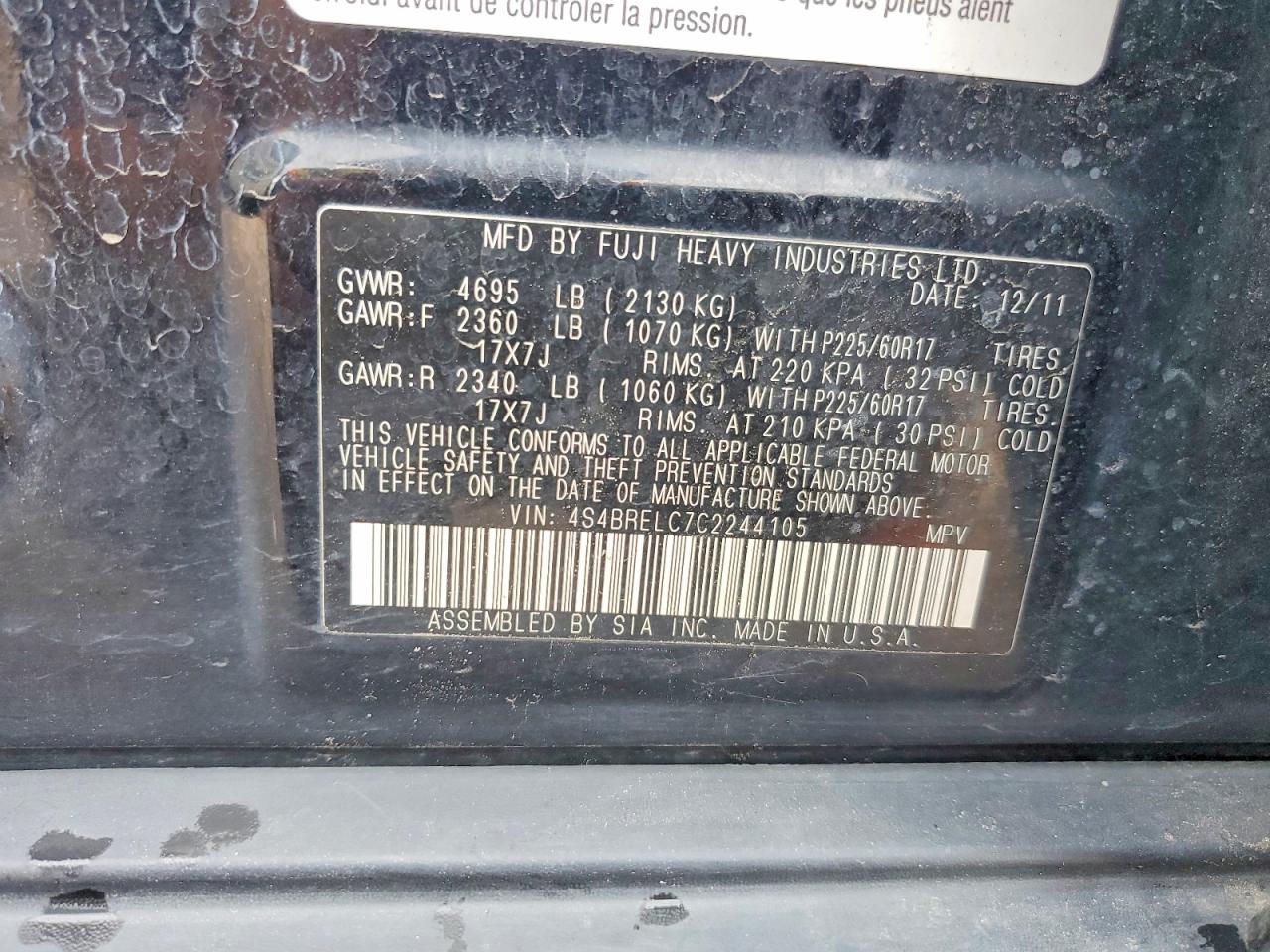 2012 Subaru Outback 3.6r Limited Черный vin: 4S4BRELC7C2244105