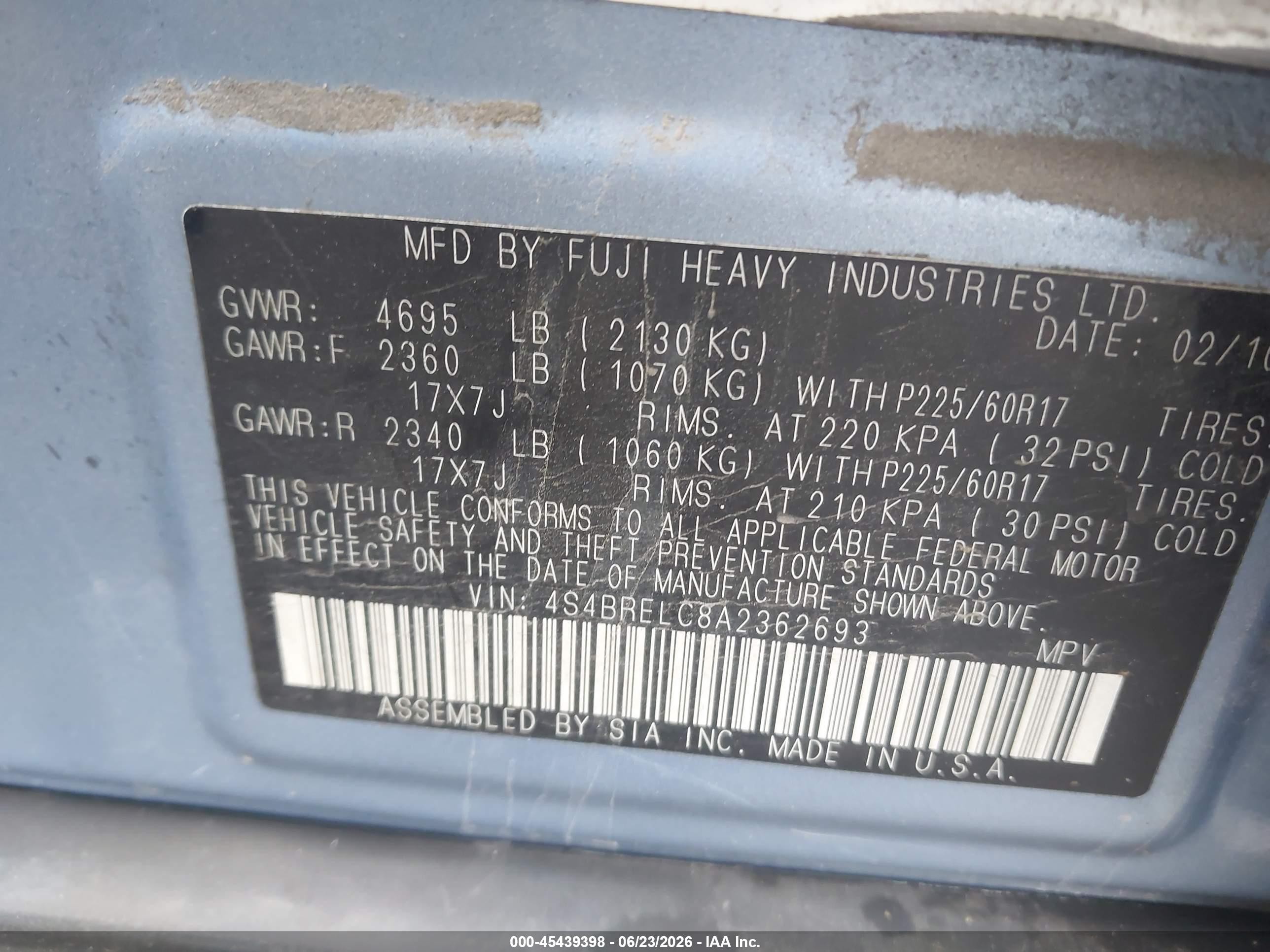 2010 Subaru Outback 3.6r Limited Blue vin: 4S4BRELC8A2362693