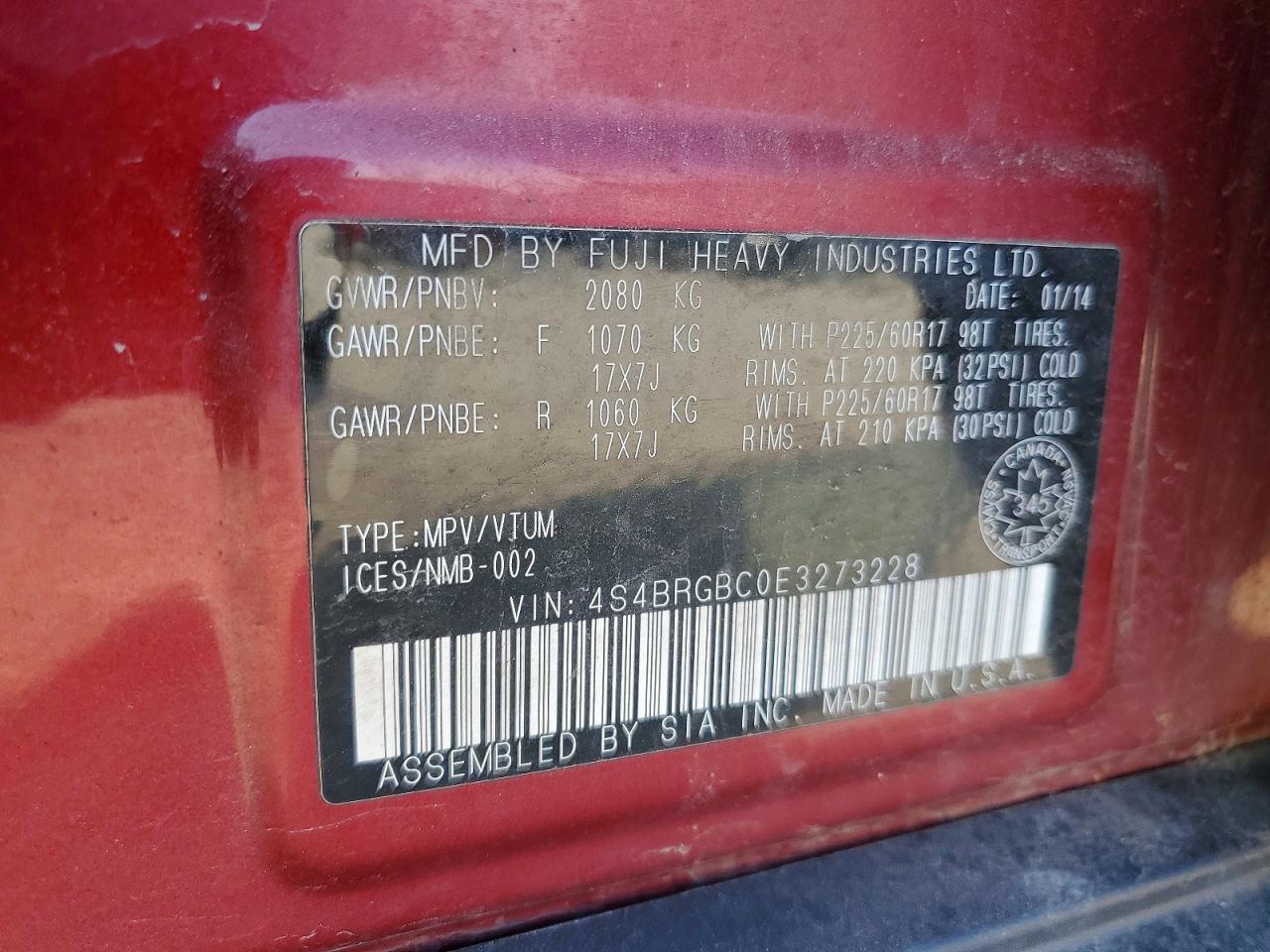 2014 Subaru Outback 2.5i Premium Red vin: 4S4BRGBC0E3273228