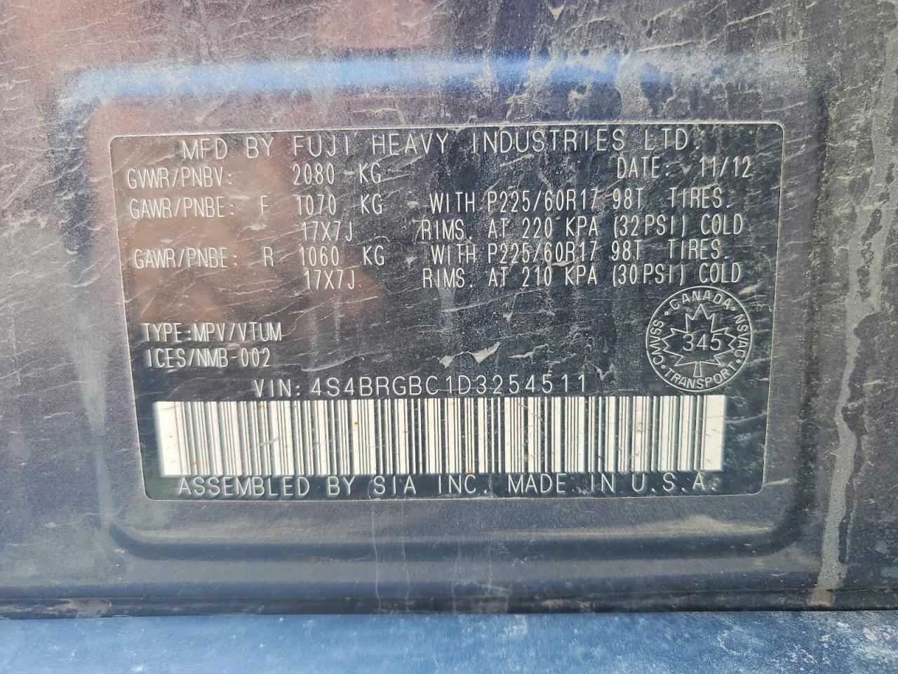 2013 Subaru Outback 2.5i Premium Charcoal vin: 4S4BRGBC1D3254511