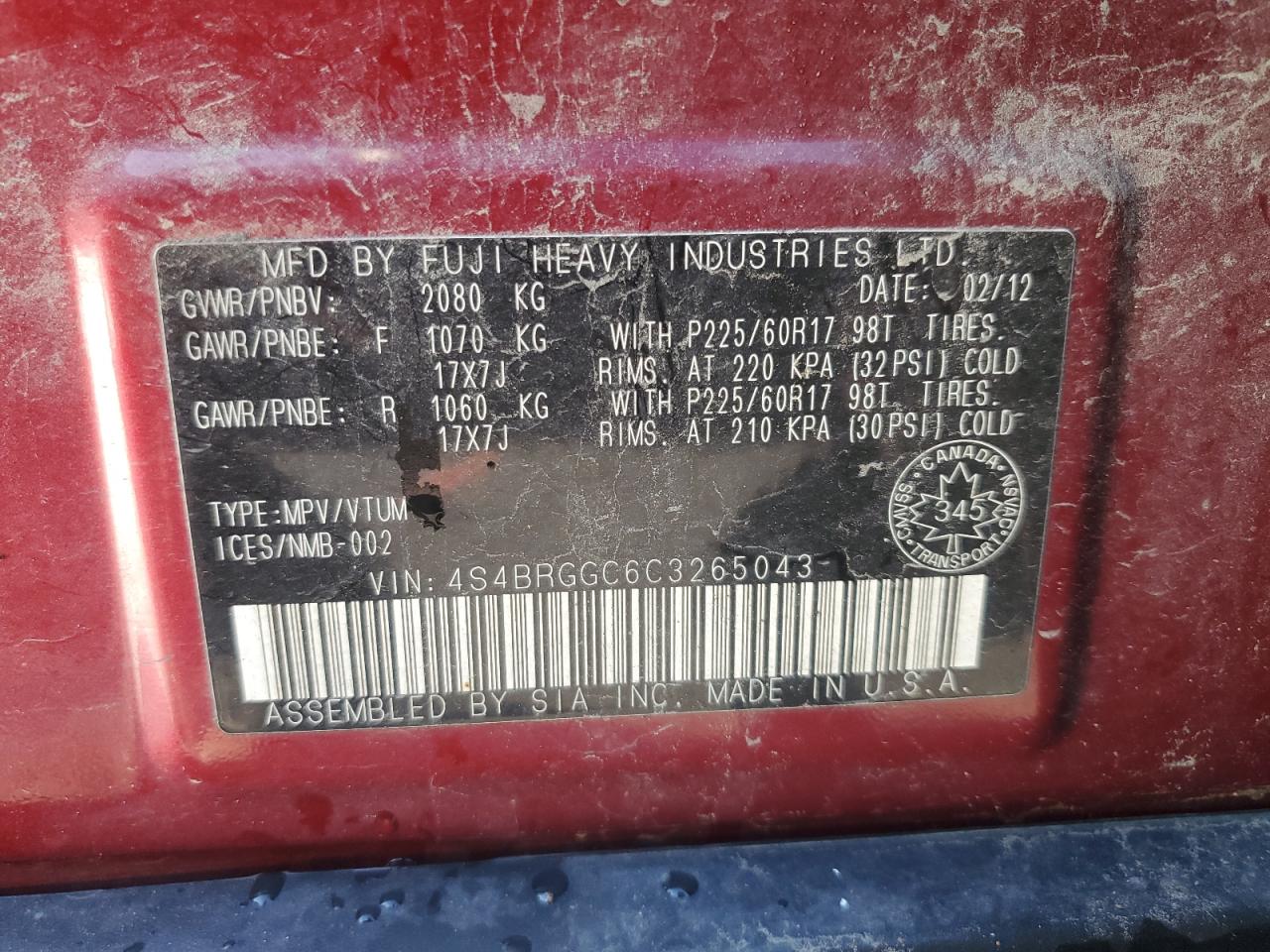 2012 Subaru Outback 2.5i Premium Red vin: 4S4BRGGC6C3265043