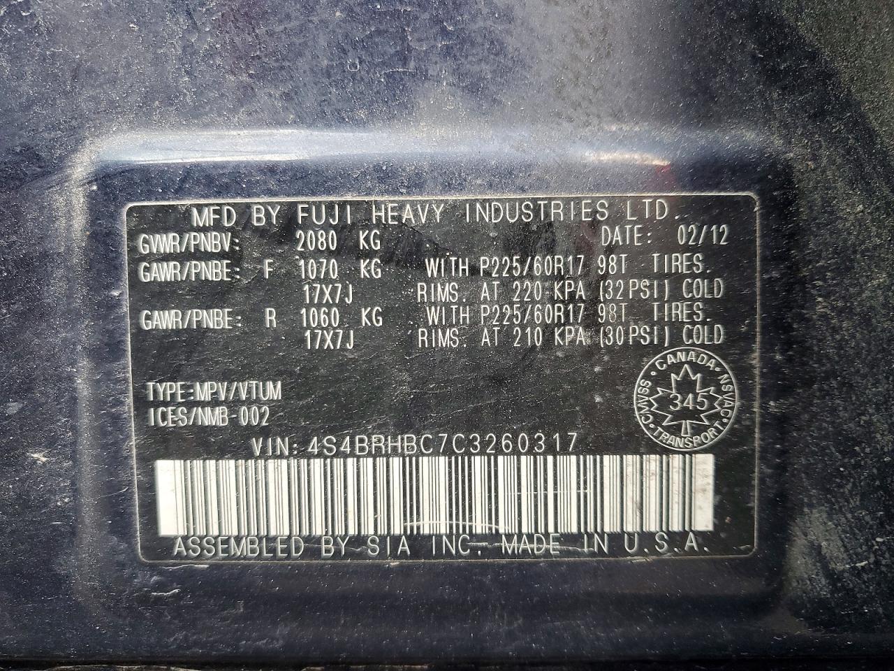 2012 Subaru Outback 2.5i Premium Blue vin: 4S4BRHBC7C3260317
