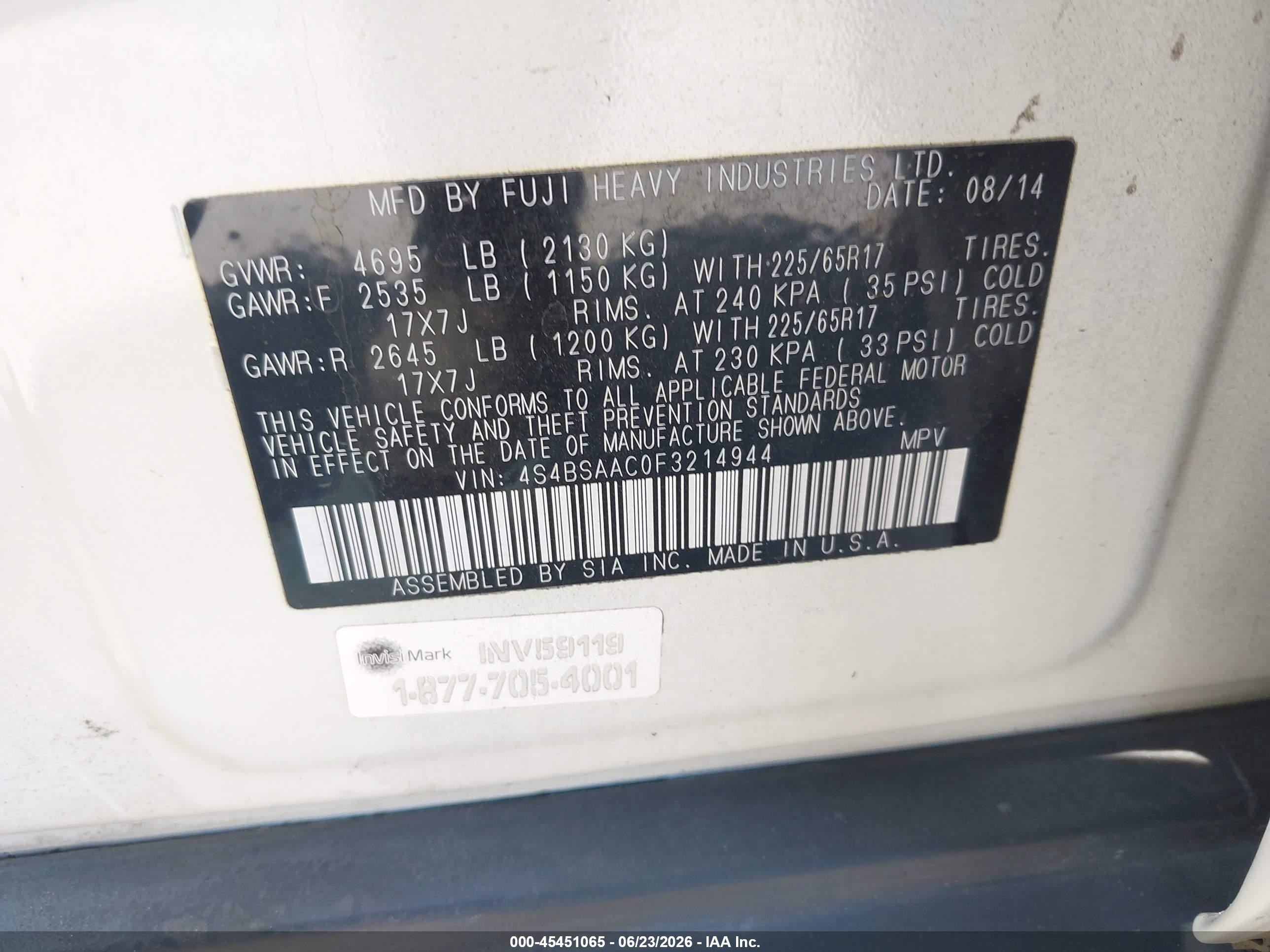 2015 Subaru Outback 2.5i Белый vin: 4S4BSAAC0F3214944