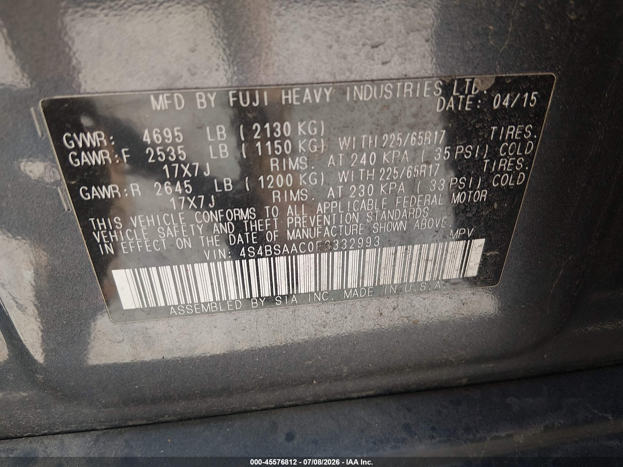 2015 Subaru Outback 2.5i Gray vin: 4S4BSAAC0F3332993