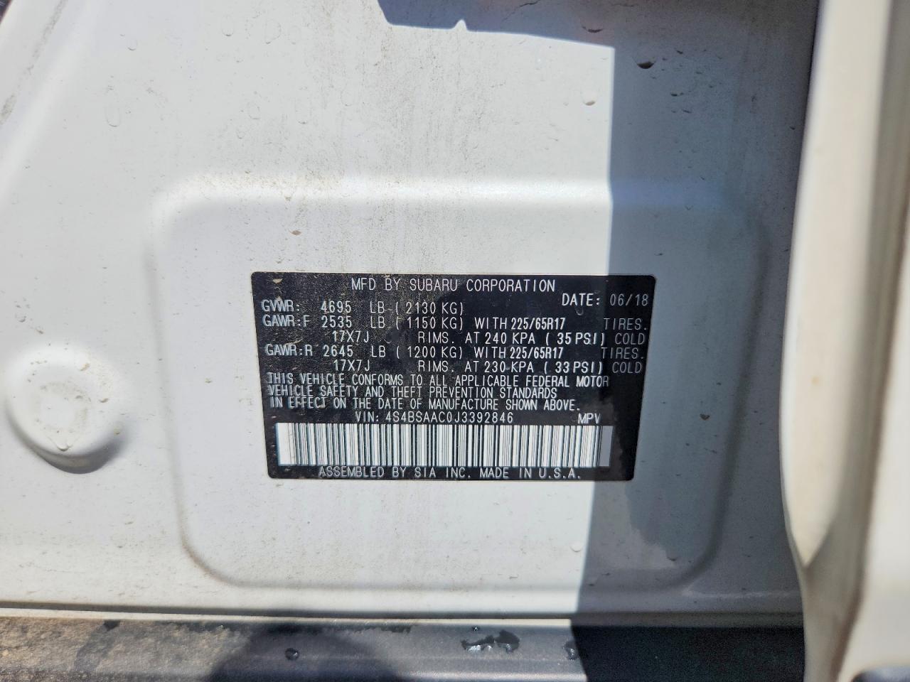 2018 Subaru Outback 2.5i White vin: 4S4BSAAC0J3392846