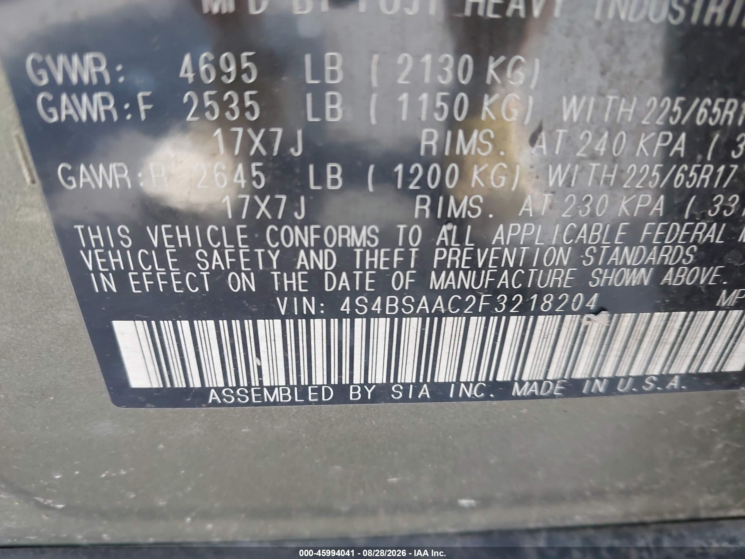 2015 Subaru Outback 2.5i Green vin: 4S4BSAAC2F3218204