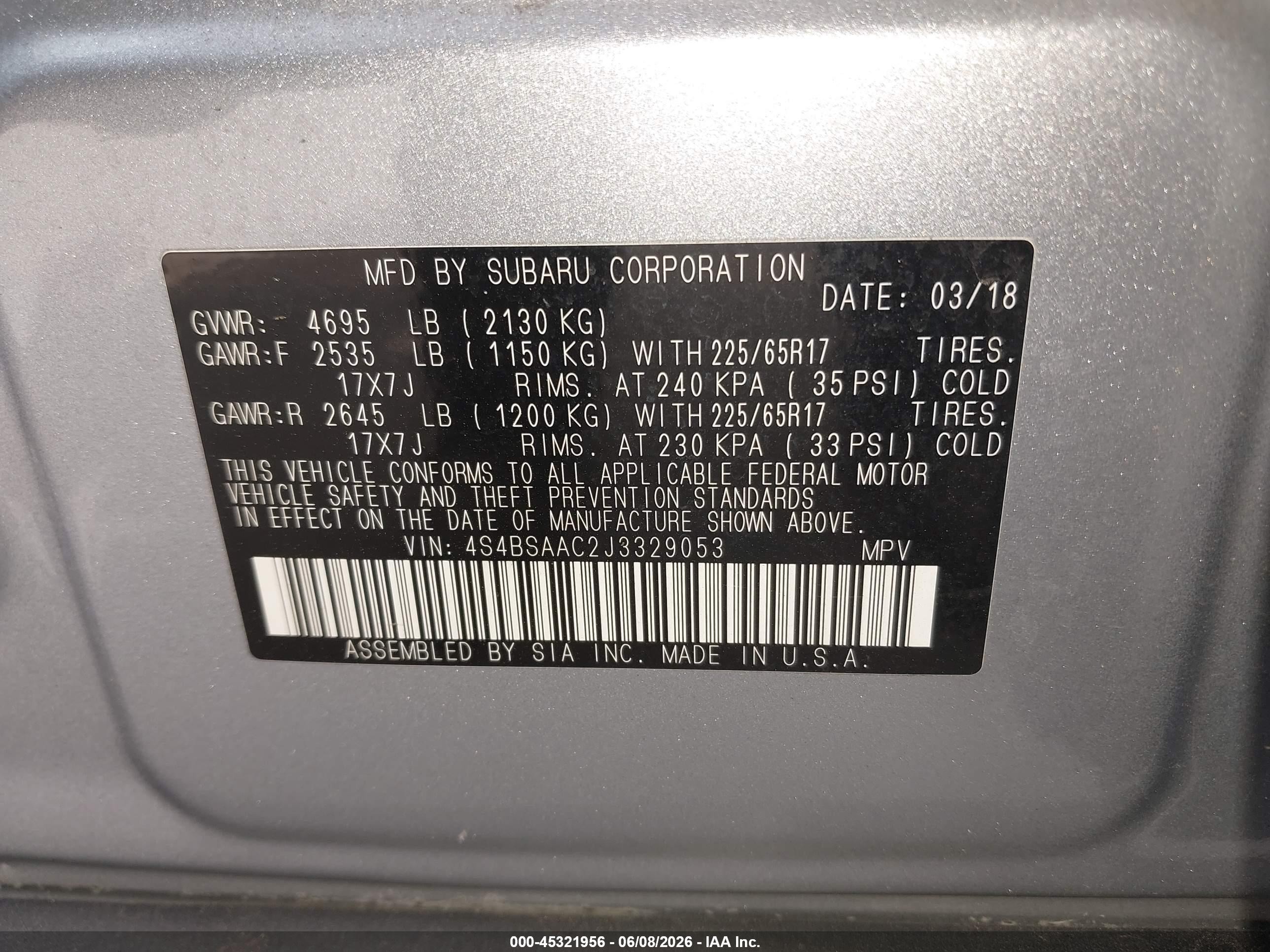 2018 Subaru Outback 2.5i Light Blue vin: 4S4BSAAC2J3329053
