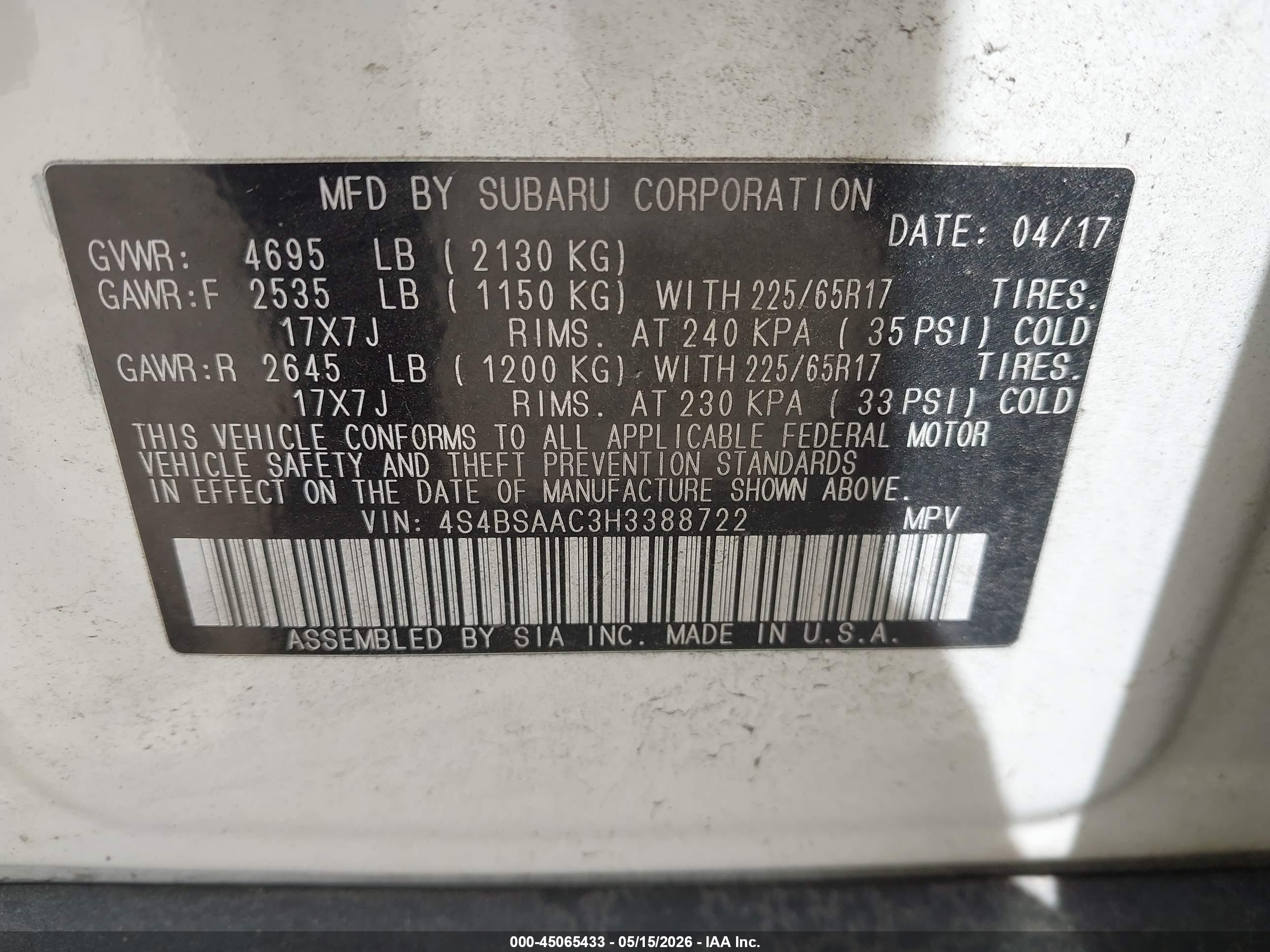 2017 Subaru Outback 2.5i White vin: 4S4BSAAC3H3388722