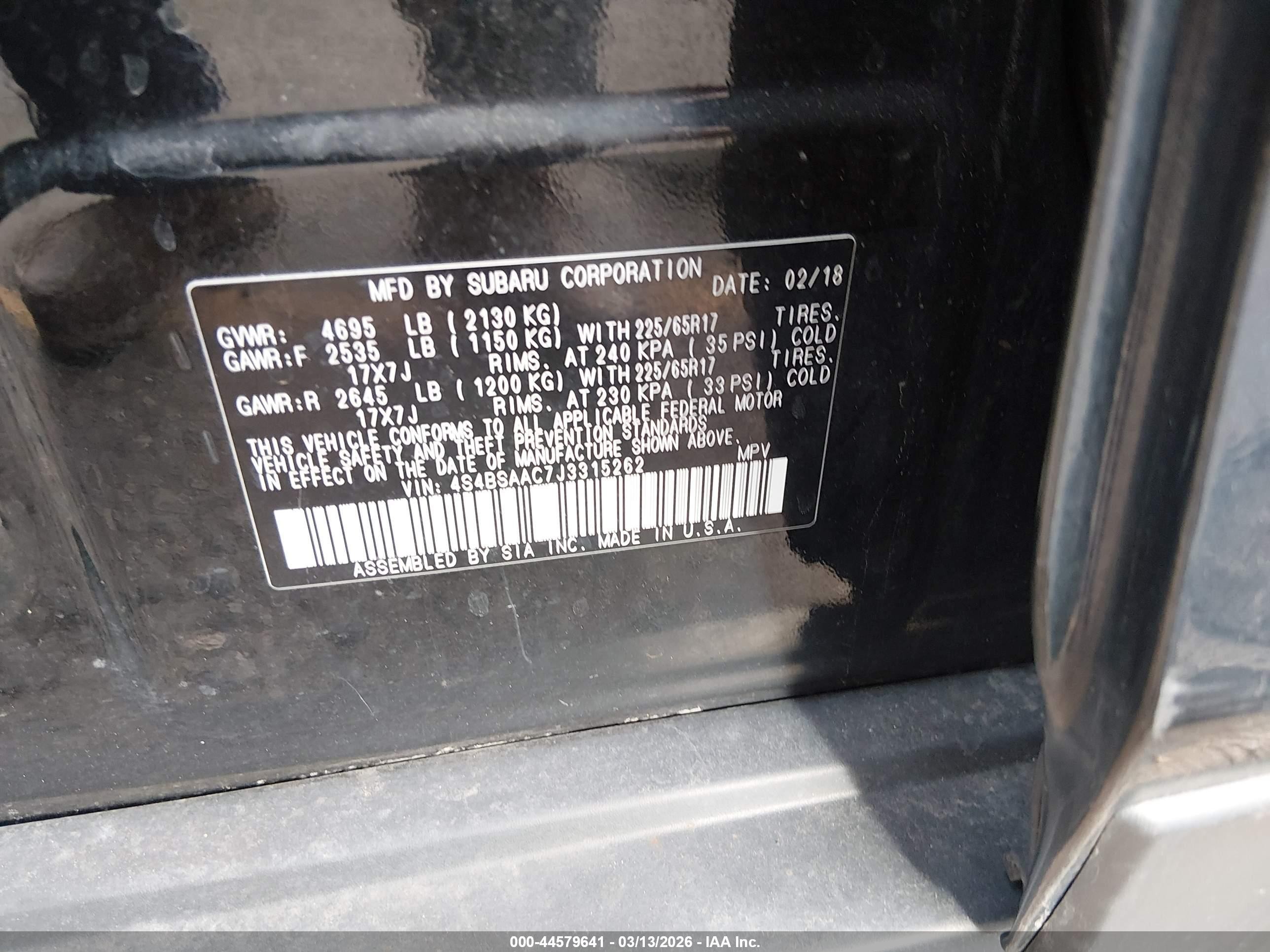 2018 Subaru Outback 2.5i Black vin: 4S4BSAAC7J3315262